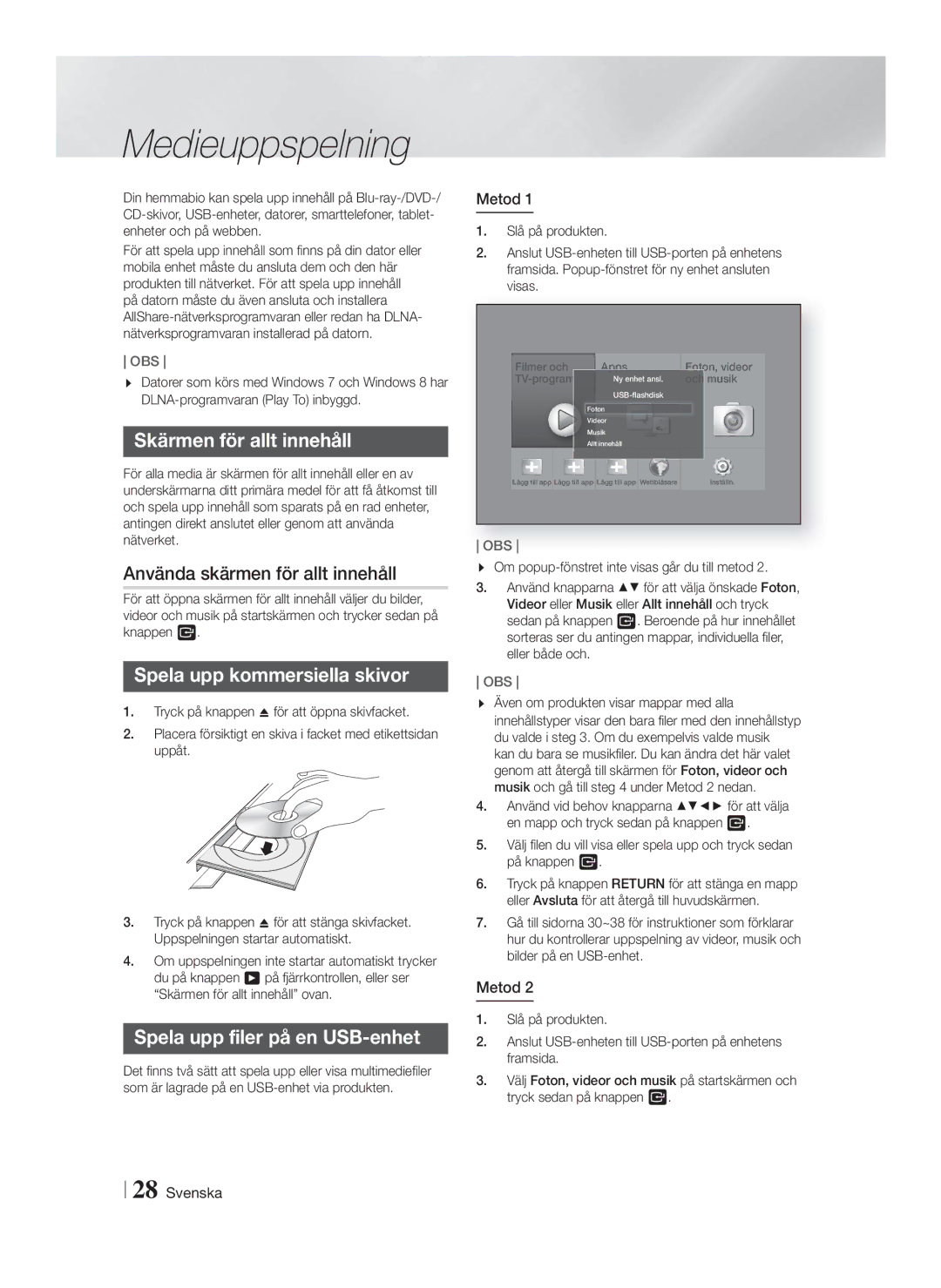 Samsung HT-FS9200/XE manual Medieuppspelning, Skärmen för allt innehåll, Använda skärmen för allt innehåll 