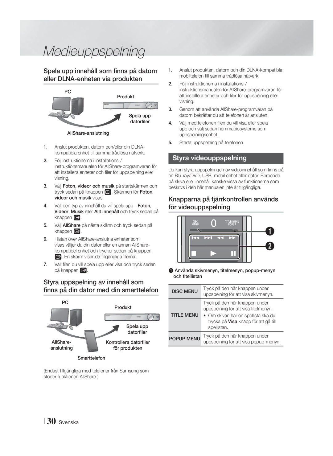 Samsung HT-FS9200/XE manual Styra videouppspelning, Knapparna på fjärrkontrollen används för videouppspelning, Disc Menu 