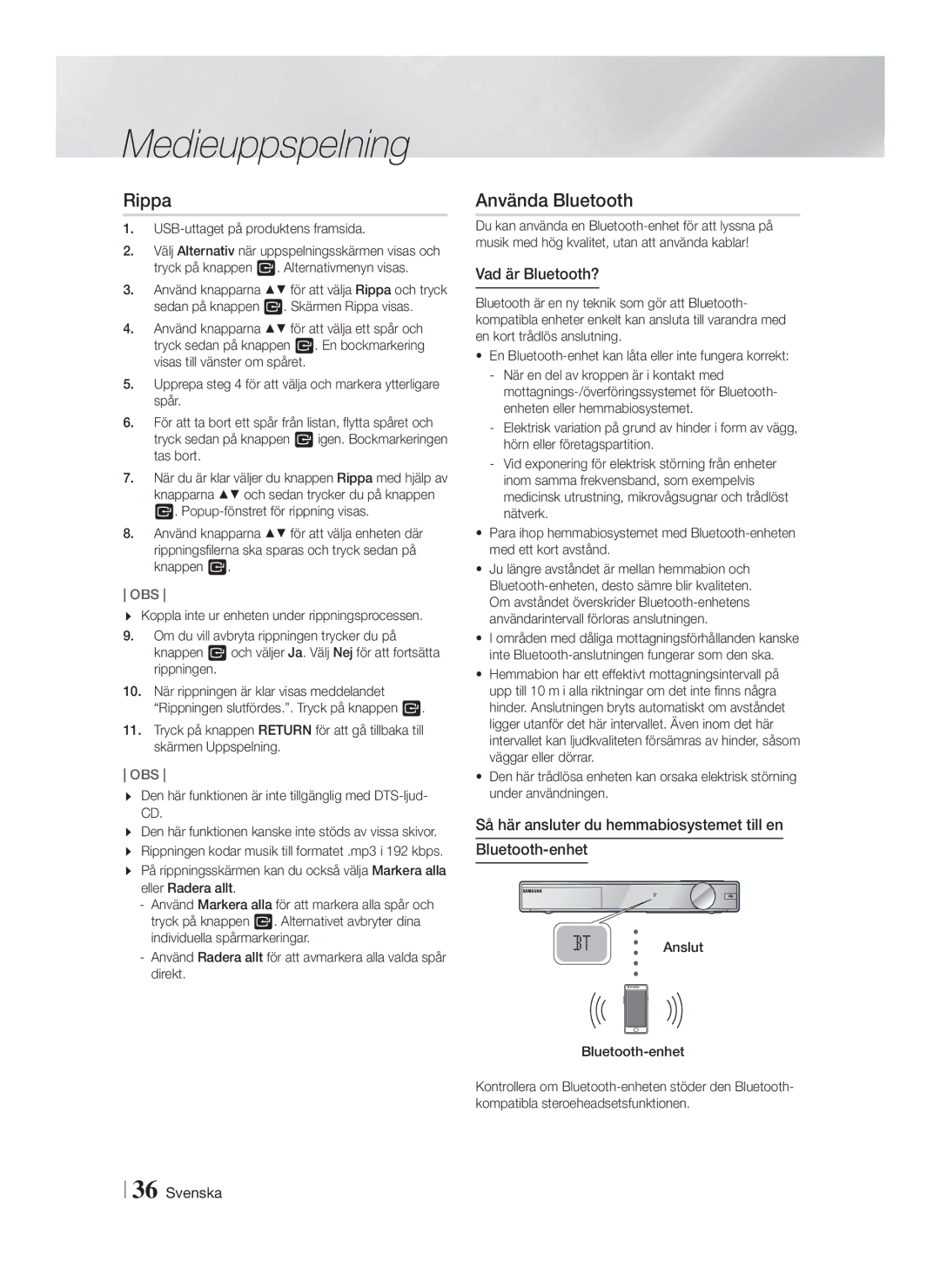 Samsung HT-FS9200/XE manual Rippa, Använda Bluetooth, Vad är Bluetooth?, USB-uttaget på produktens framsida 