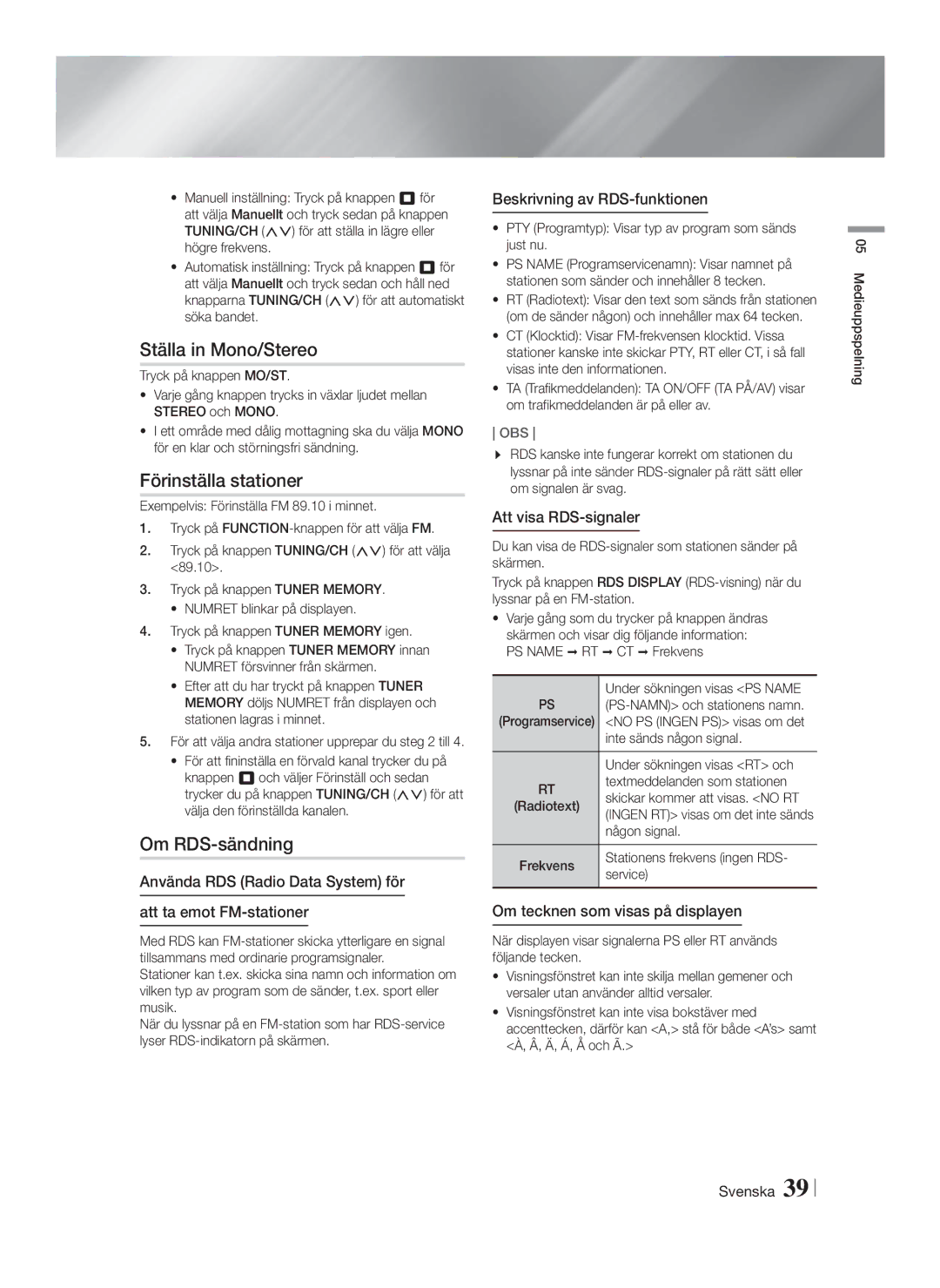 Samsung HT-FS9200/XE manual Ställa in Mono/Stereo, Förinställa stationer, Om RDS-sändning 