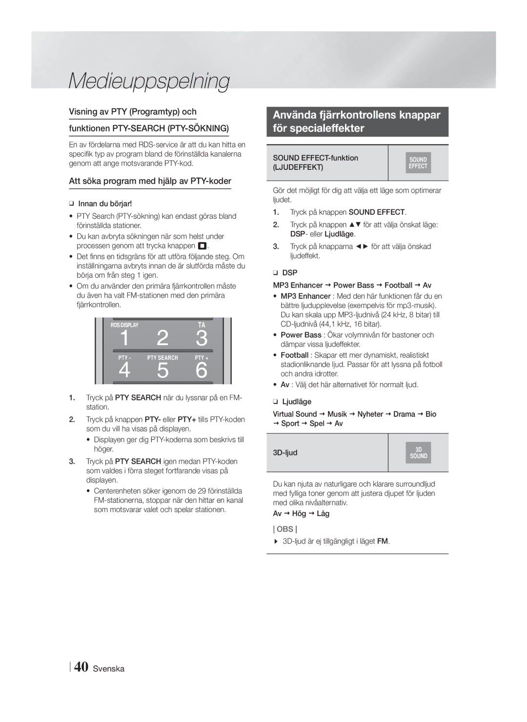 Samsung HT-FS9200/XE Använda fjärrkontrollens knappar För specialeffekter, Att söka program med hjälp av PTY-koder, Dsp 