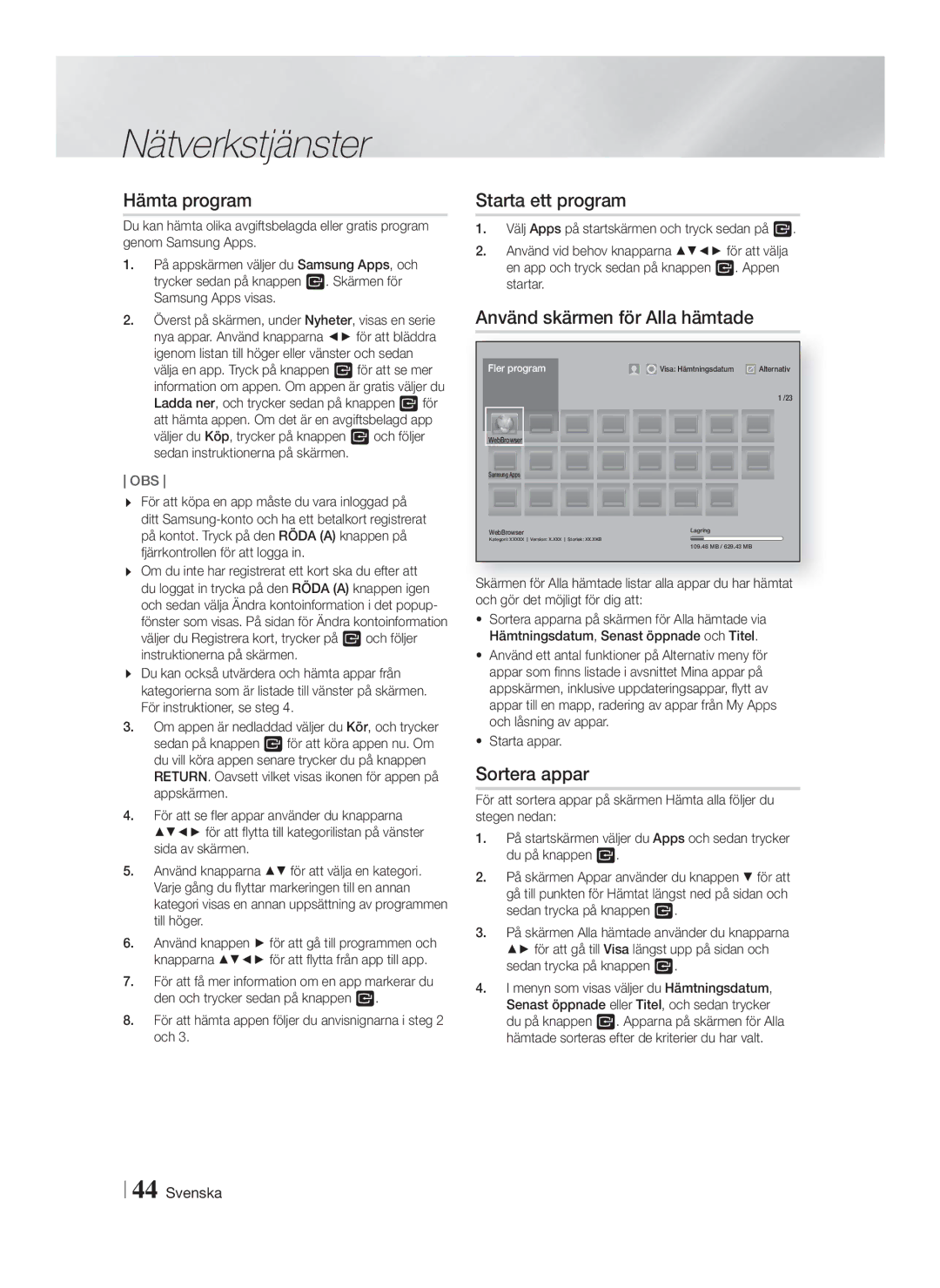 Samsung HT-FS9200/XE manual Hämta program, Starta ett program, Använd skärmen för Alla hämtade, Sortera appar 