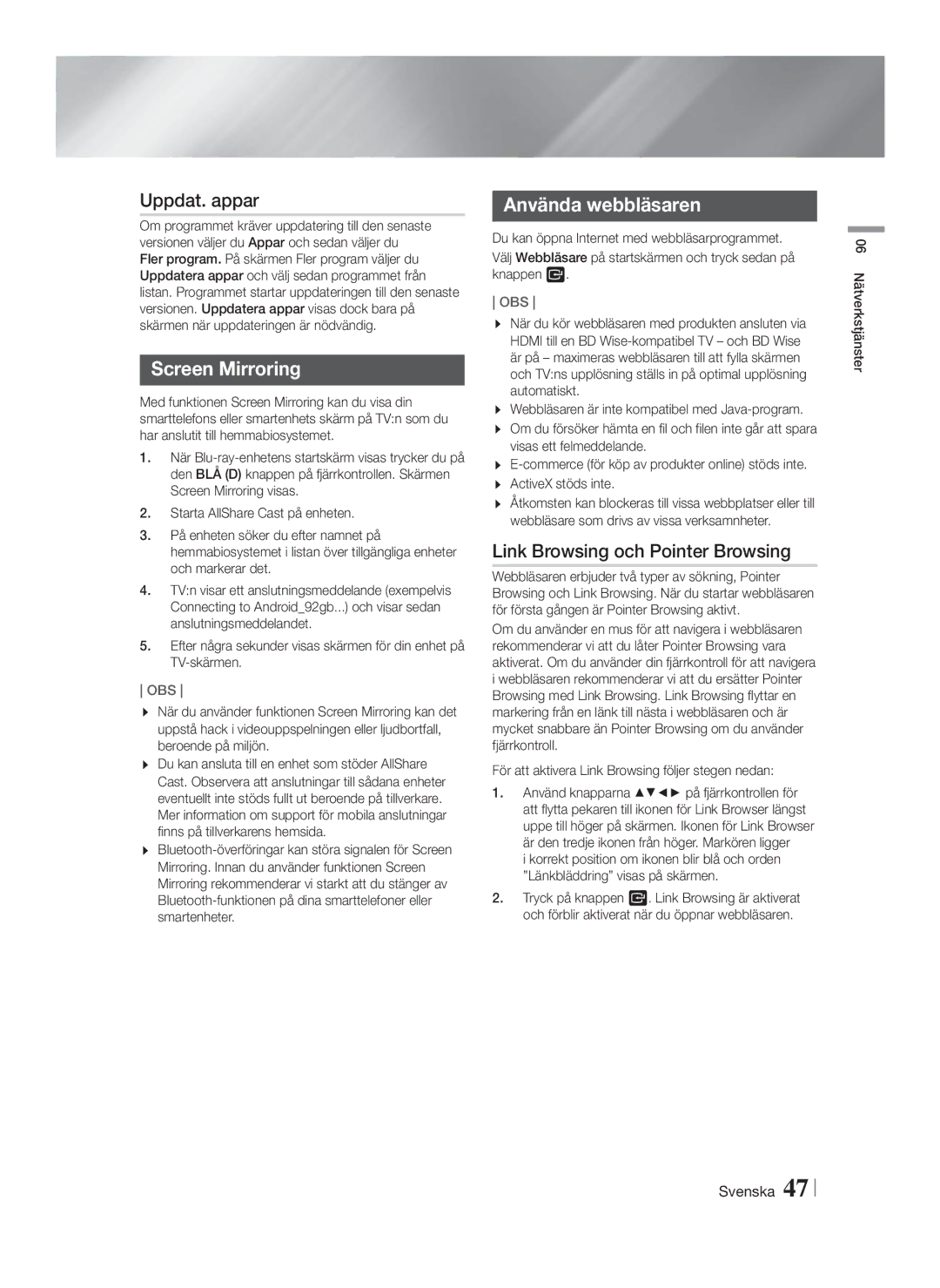 Samsung HT-FS9200/XE manual Uppdat. appar, Screen Mirroring, Använda webbläsaren, Link Browsing och Pointer Browsing 