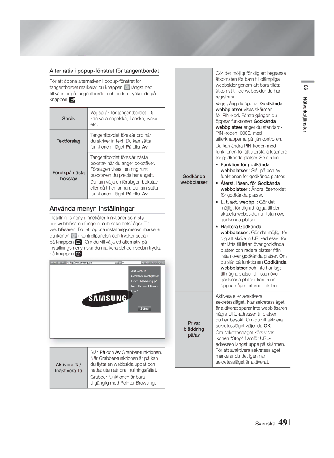 Samsung HT-FS9200/XE manual Använda menyn Inställningar, Alternativ i popup-fönstret för tangentbordet 