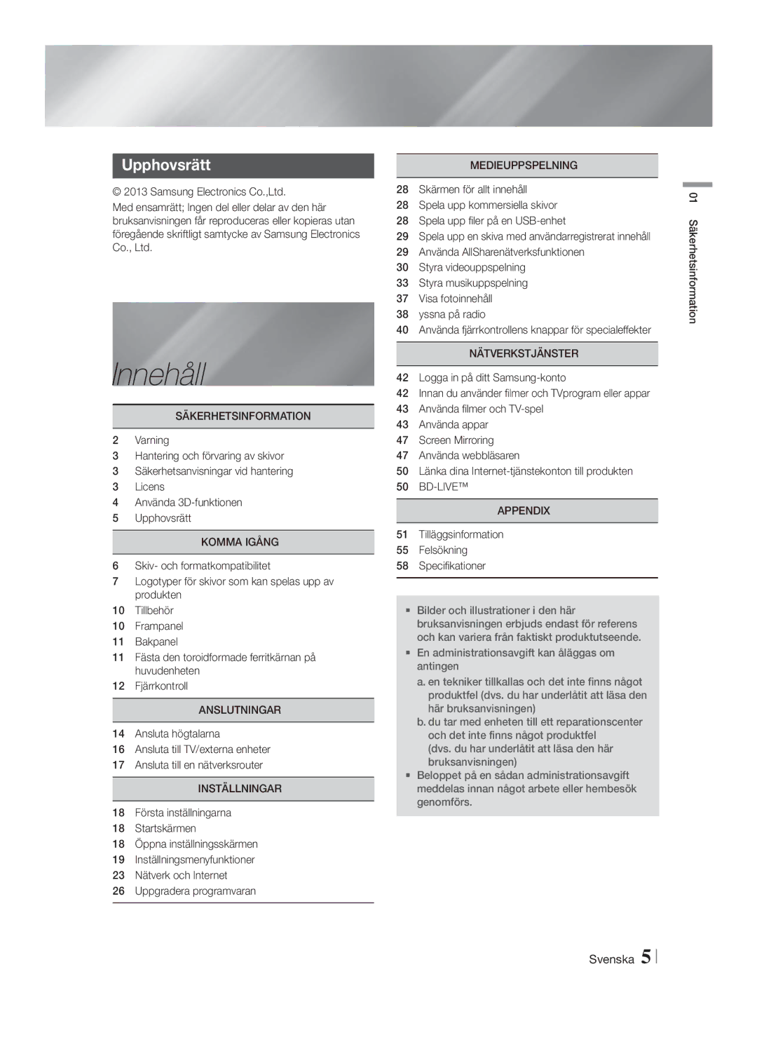 Samsung HT-FS9200/XE manual Innehåll, Upphovsrätt 