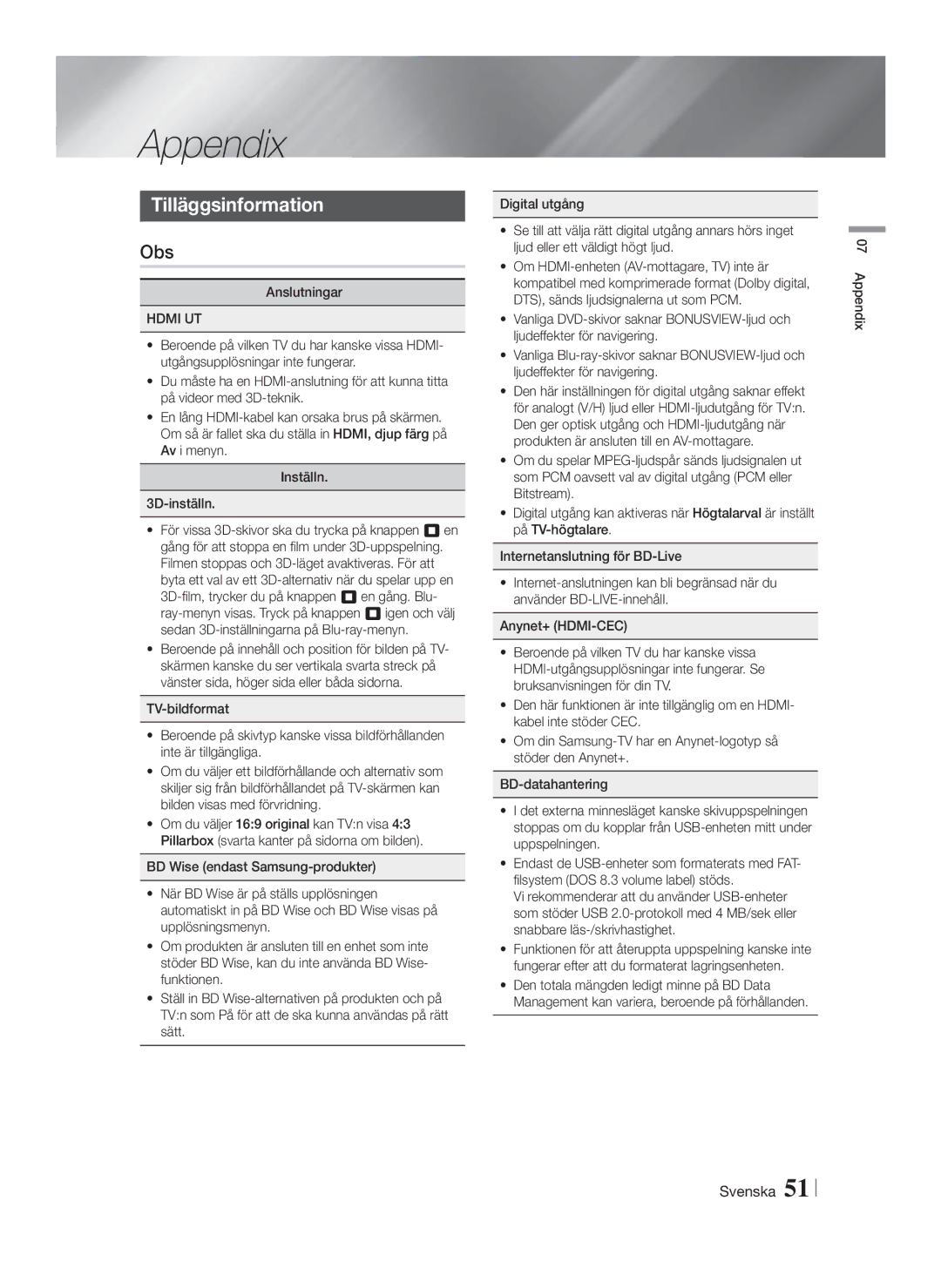 Samsung HT-FS9200/XE manual Appendix, Tilläggsinformation, Obs, Hdmi UT 