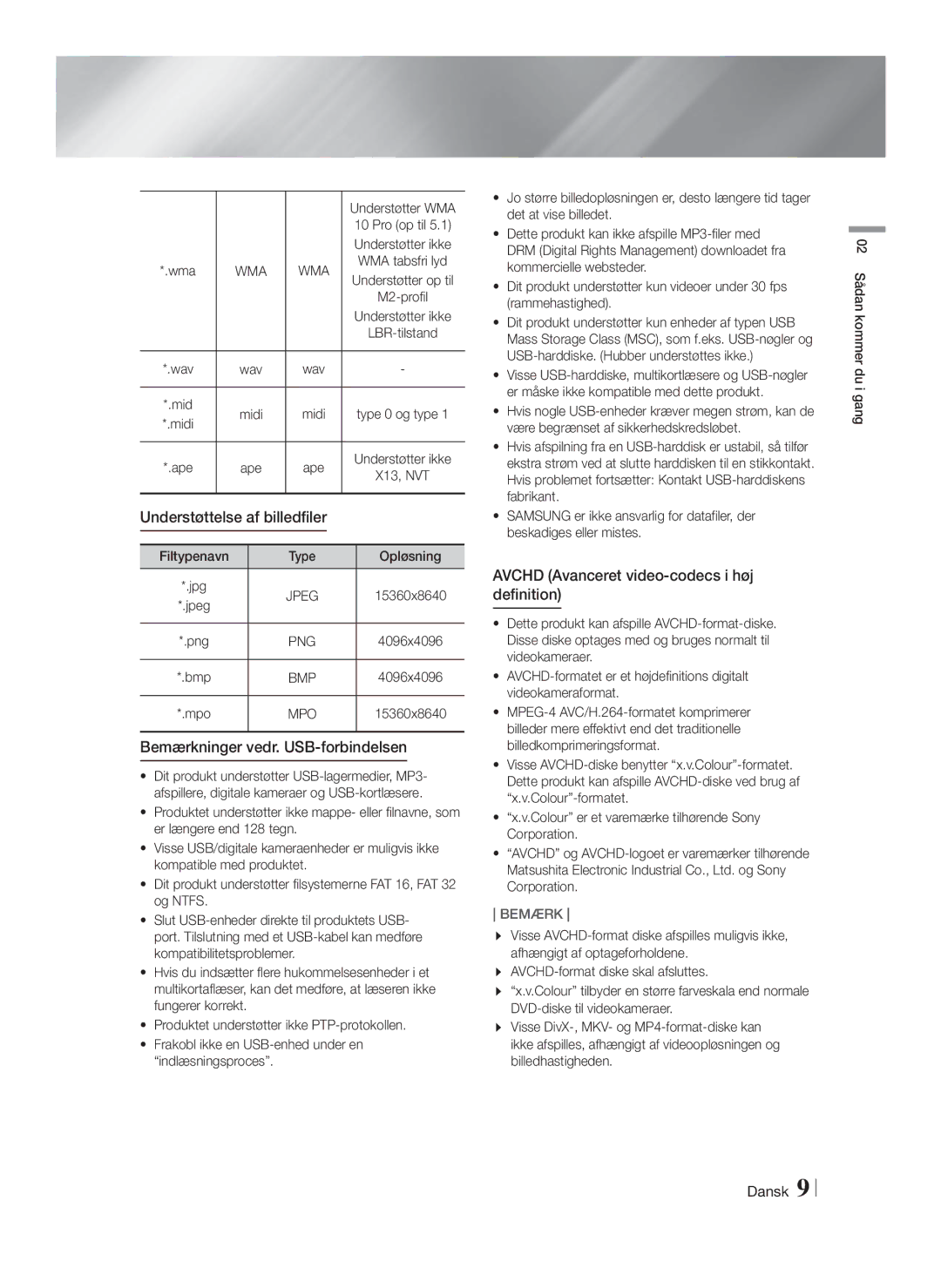 Samsung HT-FS9200/XE manual Understøttelse af billedfiler, Bemærkninger vedr. USB-forbindelsen 