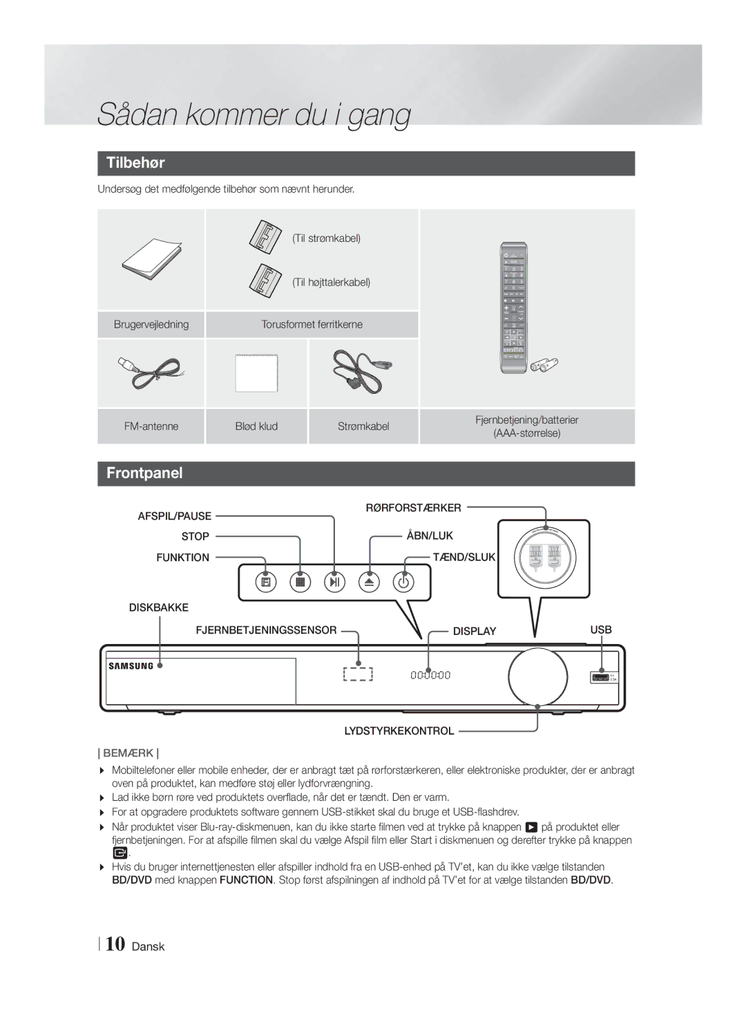 Samsung HT-FS9200/XE manual Tilbehør, Frontpanel, Rørforstærker AFSPIL/PAUSE Stop, Funktion TÆND/SLUK Diskbakke 