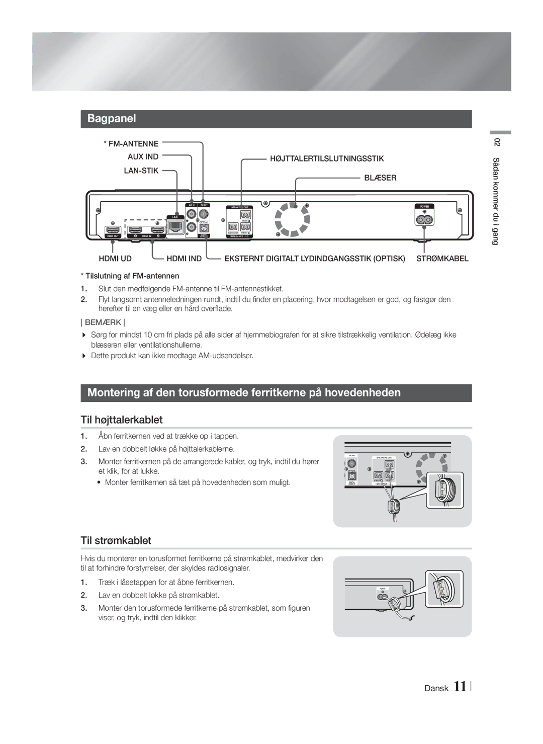 Samsung HT-FS9200/XE manual Bagpanel, Montering af den torusformede ferritkerne på hovedenheden, Til højttalerkablet 