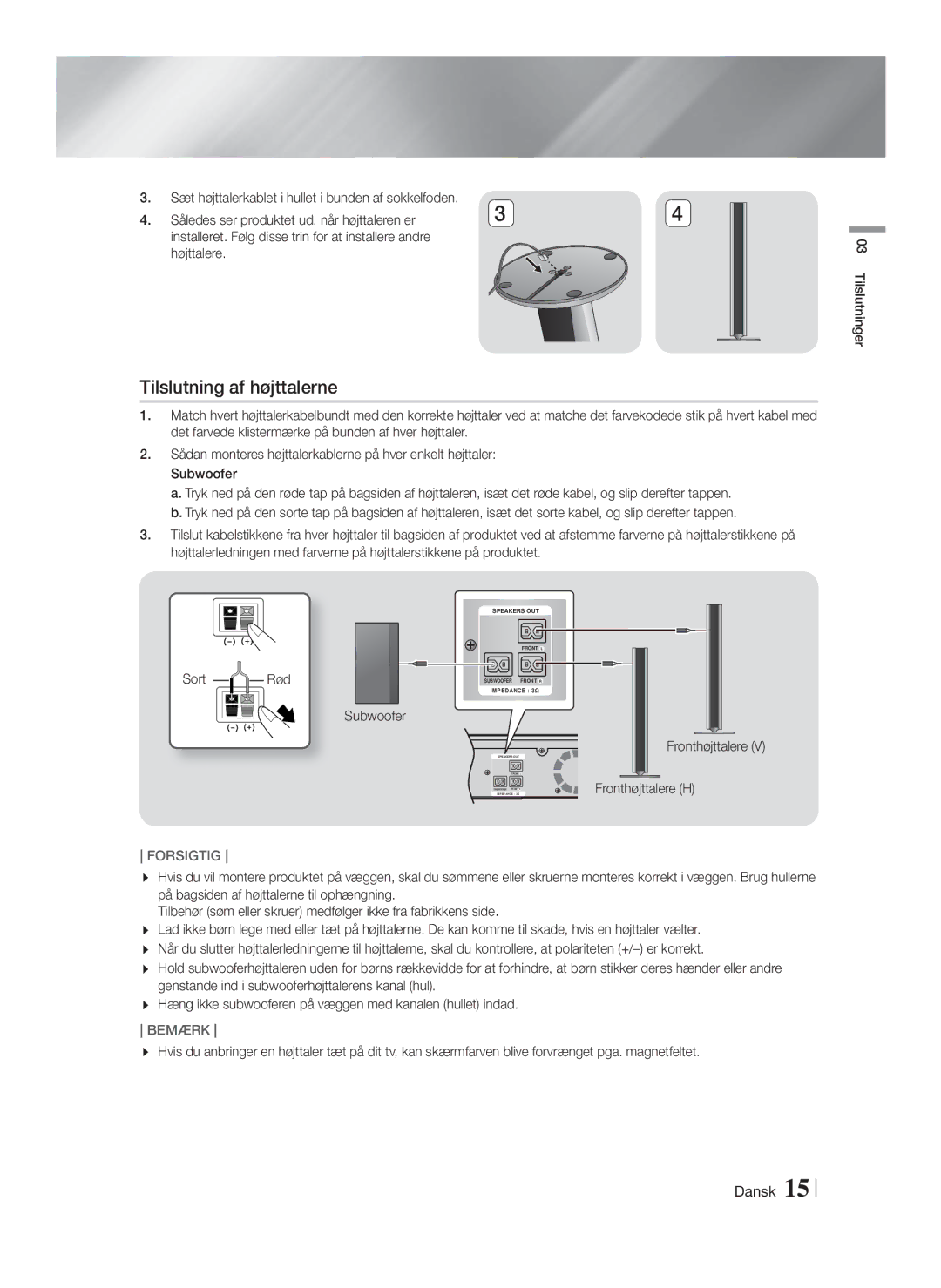 Samsung HT-FS9200/XE manual Tilslutning af højttalerne, Subwoofer 