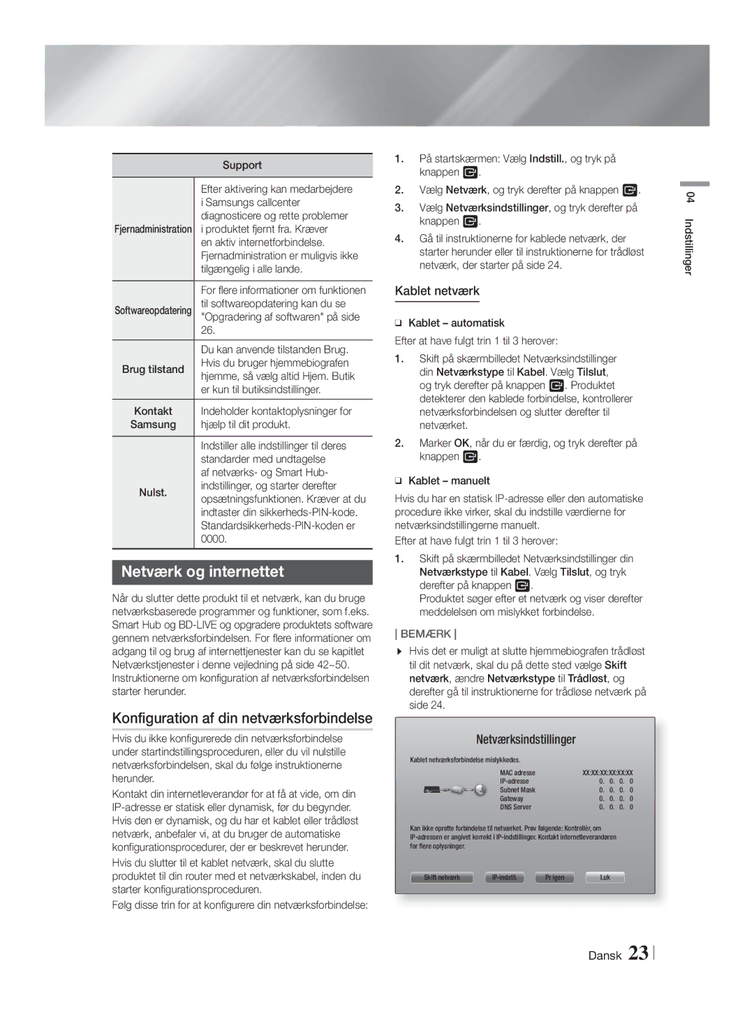 Samsung HT-FS9200/XE manual Netværk og internettet, Konfiguration af din netværksforbindelse, Kablet netværk 