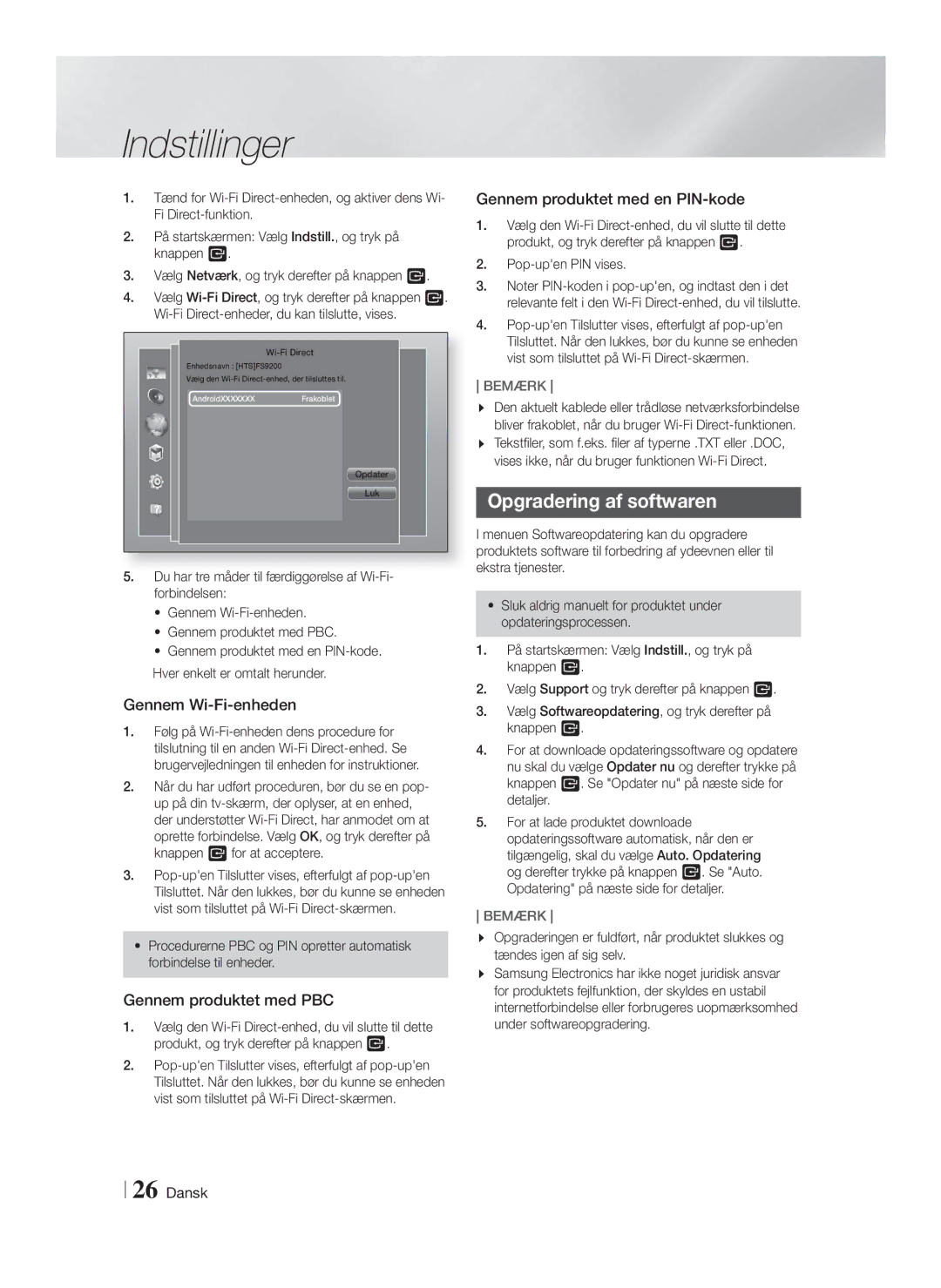 Samsung HT-FS9200/XE manual Opgradering af softwaren, Gennem Wi-Fi-enheden, Gennem produktet med PBC 