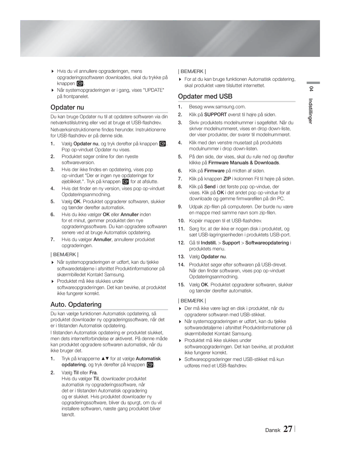 Samsung HT-FS9200/XE manual Opdater nu, Auto. Opdatering, Opdater med USB 