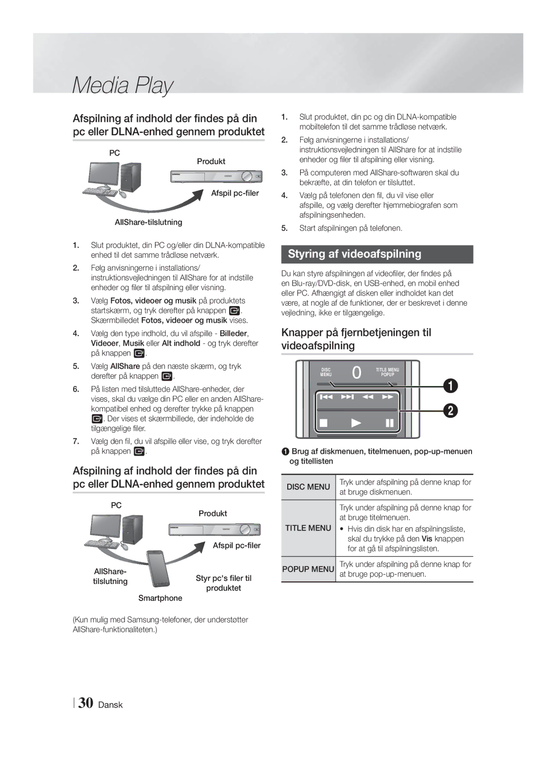 Samsung HT-FS9200/XE manual Styring af videoafspilning, Knapper på fjernbetjeningen til videoafspilning 