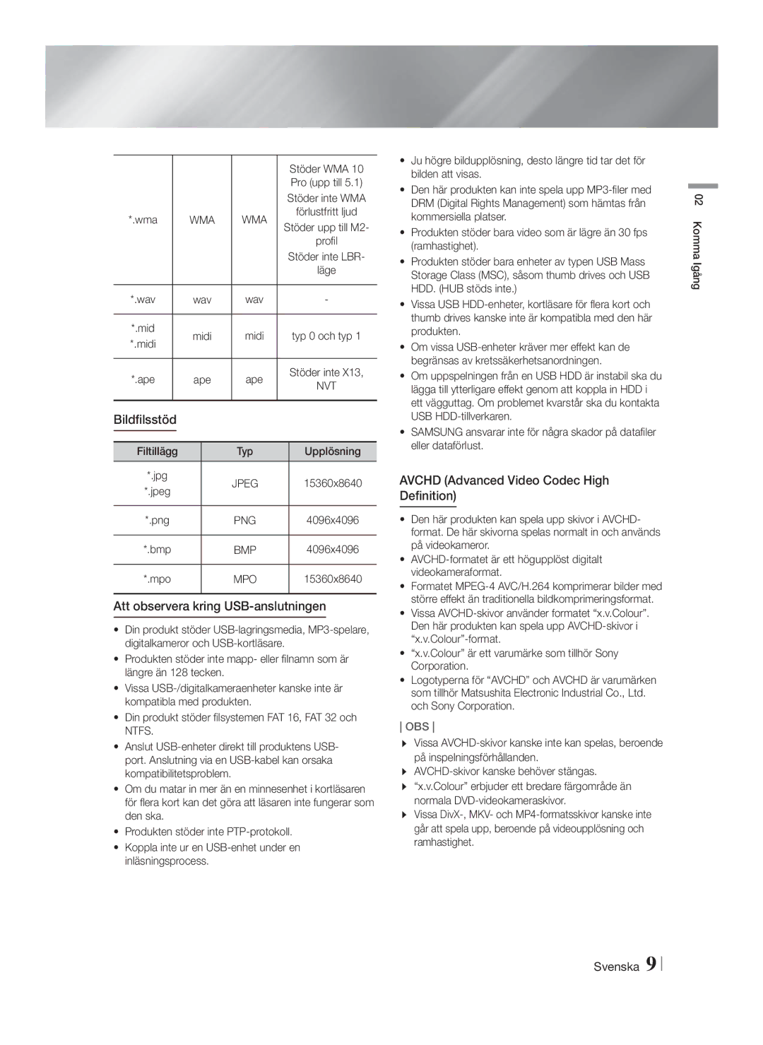 Samsung HT-FS9200/XE Bildfilsstöd, Att observera kring USB-anslutningen, Avchd Advanced Video Codec High Definition, Bmp 