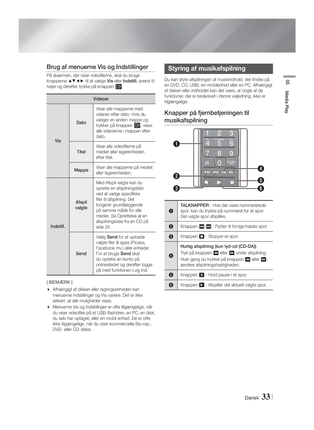 Samsung HT-FS9200/XE manual Brug af menuerne Vis og Indstillinger, Styring af musikafspilning 