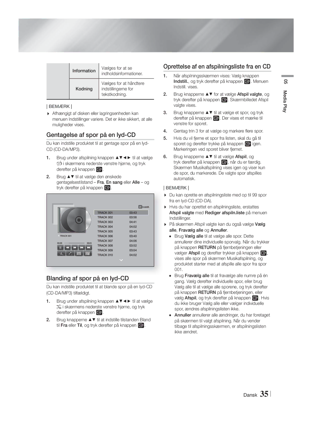 Samsung HT-FS9200/XE manual Gentagelse af spor på en lyd-CD, Blanding af spor på en lyd-CD 