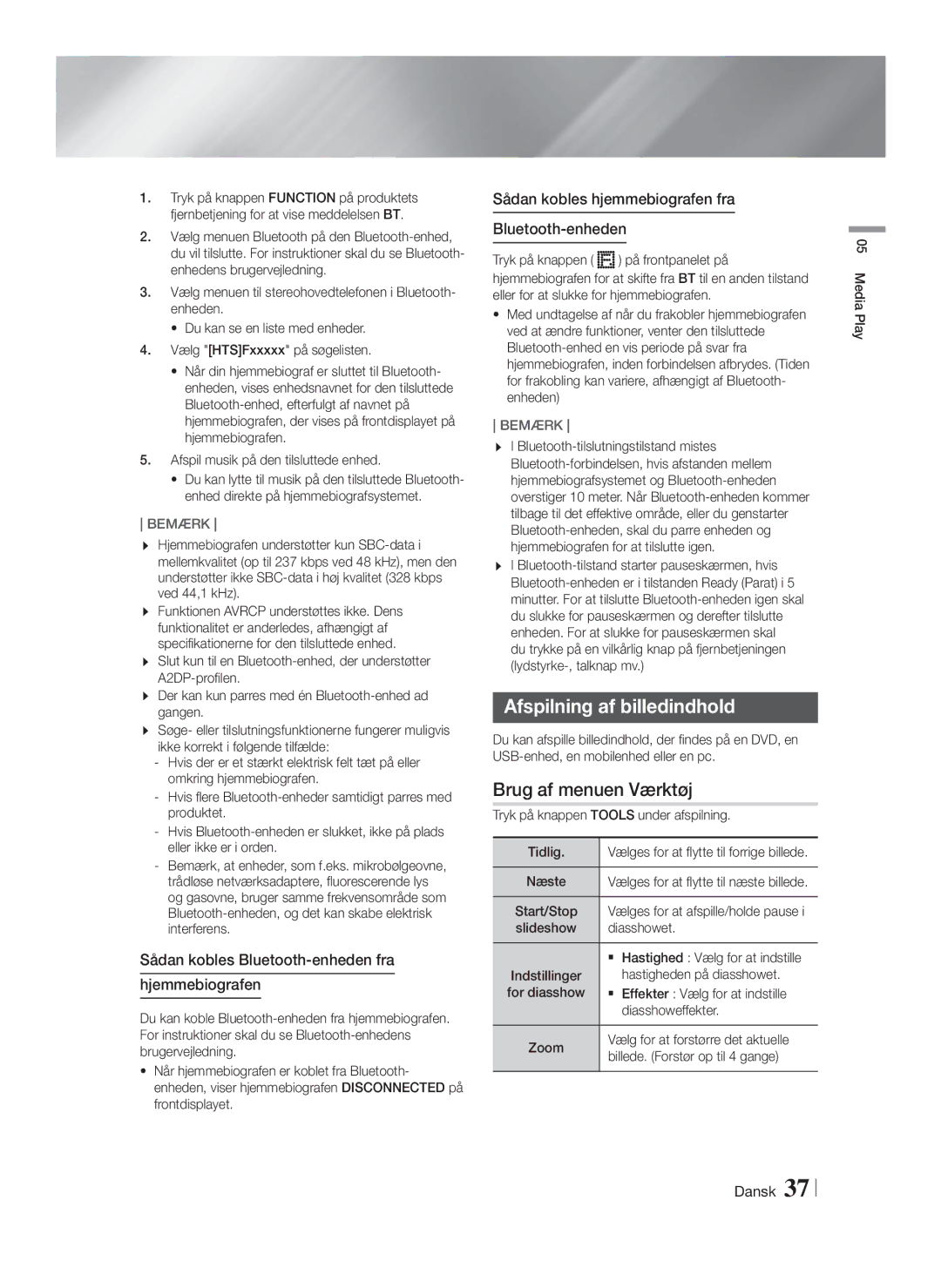 Samsung HT-FS9200/XE manual Afspilning af billedindhold, Sådan kobles Bluetooth-enheden fra Hjemmebiografen 