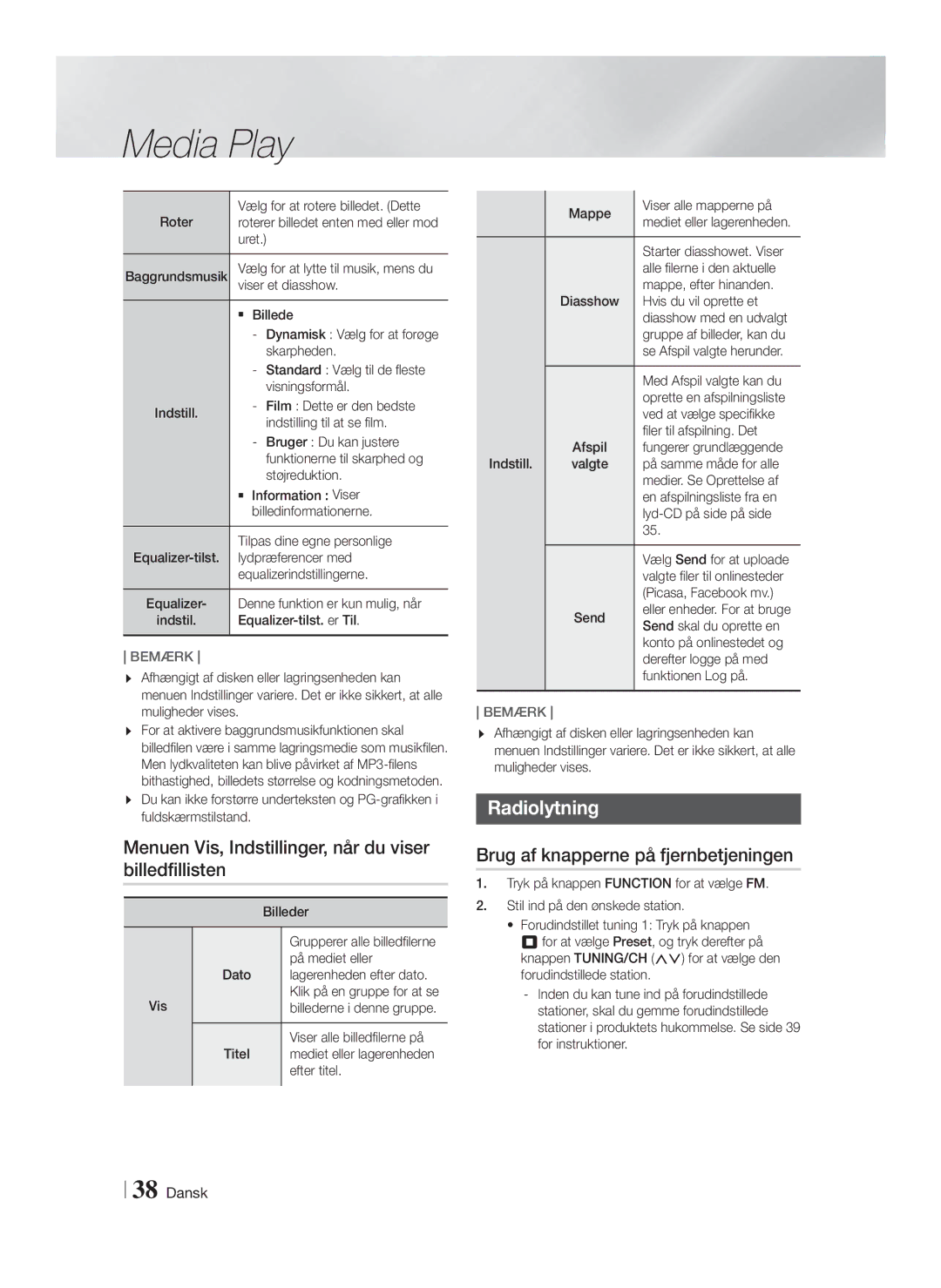 Samsung HT-FS9200/XE manual Menuen Vis, Indstillinger, når du viser billedfillisten, Radiolytning 