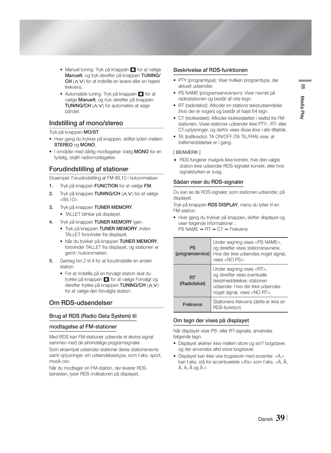 Samsung HT-FS9200/XE manual Indstilling af mono/stereo, Forudindstilling af stationer, Om RDS-udsendelser 