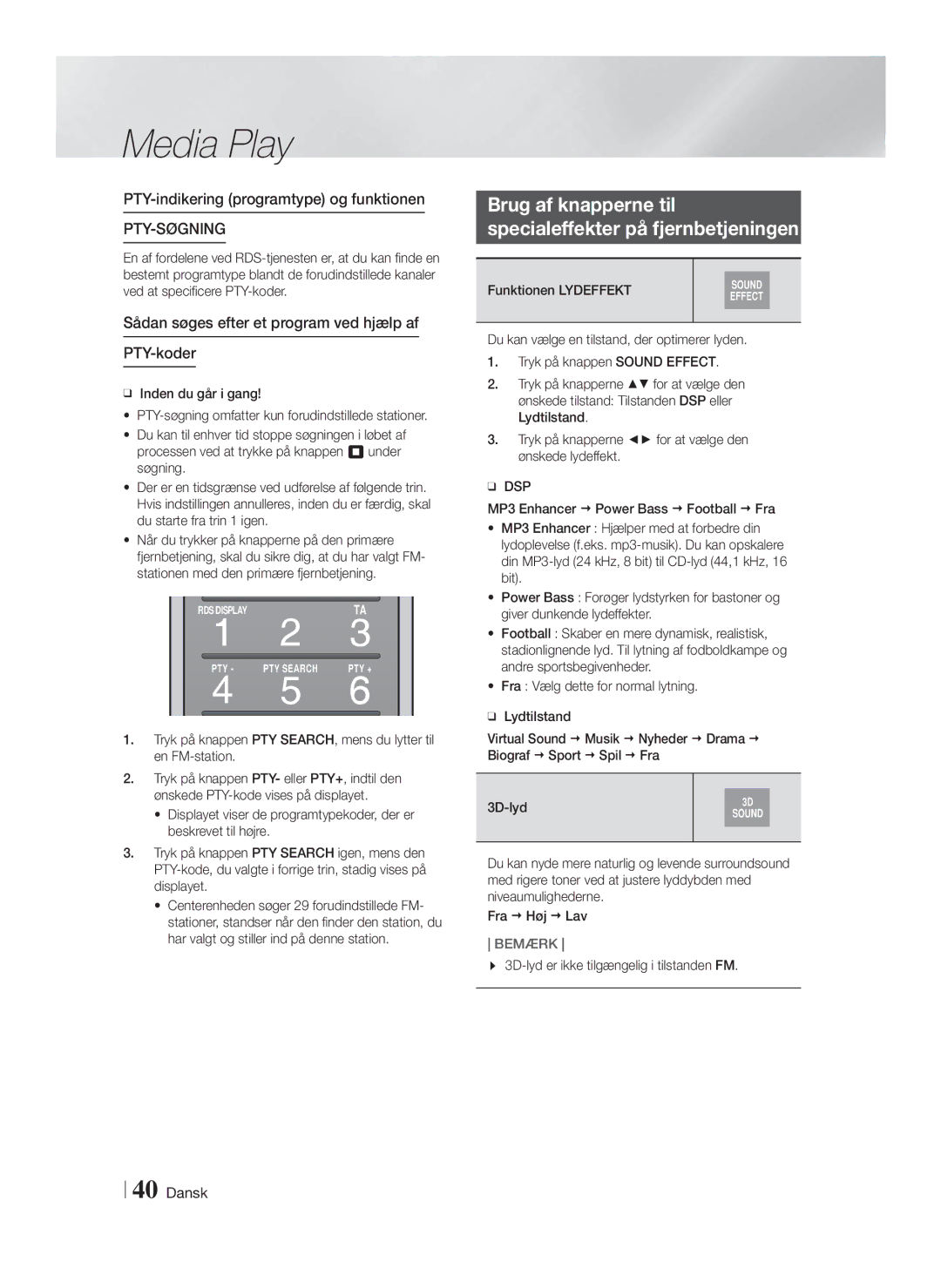 Samsung HT-FS9200/XE Brug af knapperne til Specialeffekter på fjernbetjeningen, PTY-indikering programtype og funktionen 