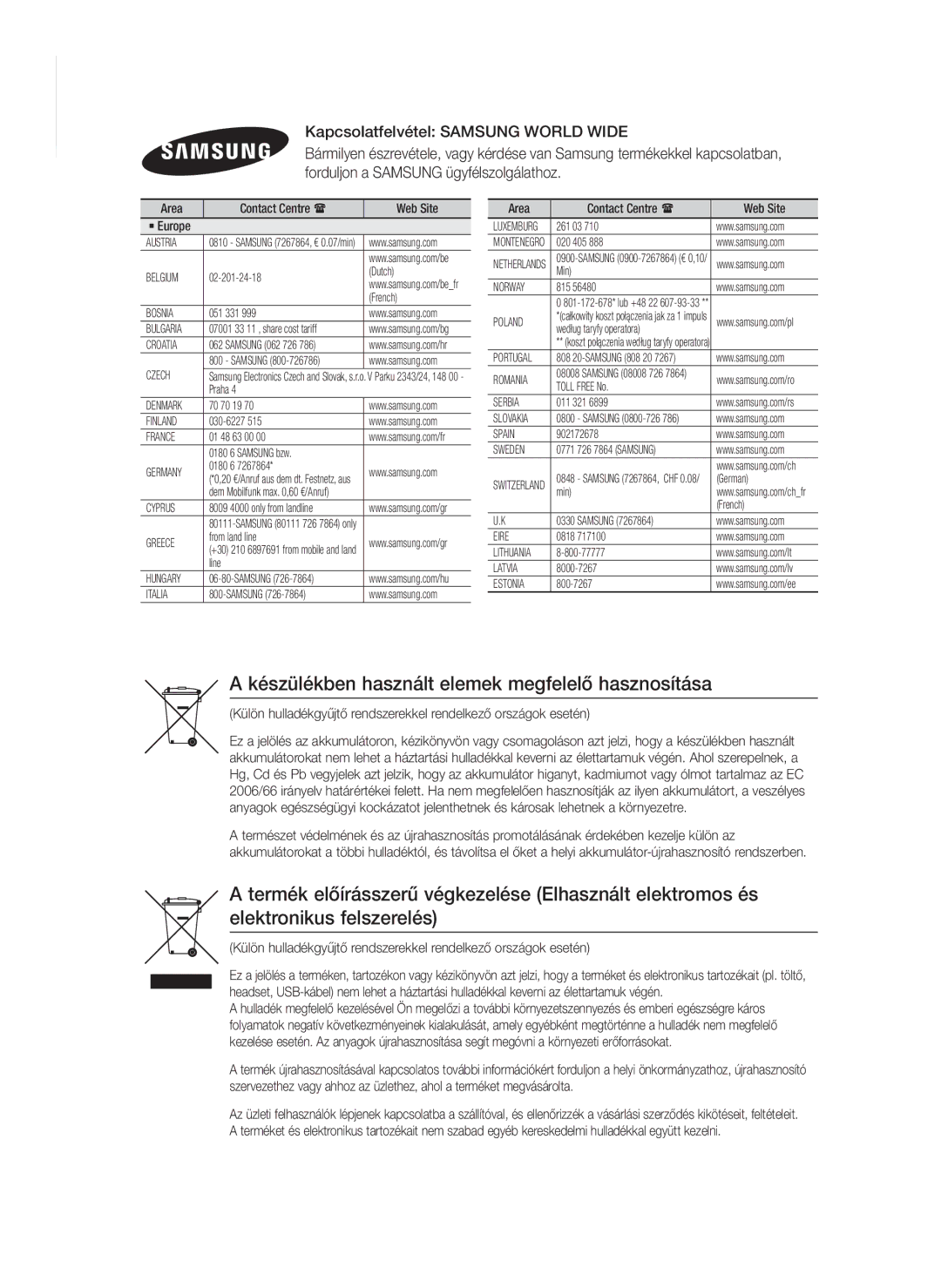 Samsung HT-FS9200/XN manual Készülékben használt elemek megfelelő hasznosítása, Area Contact Centre  Web Site ` Europe 