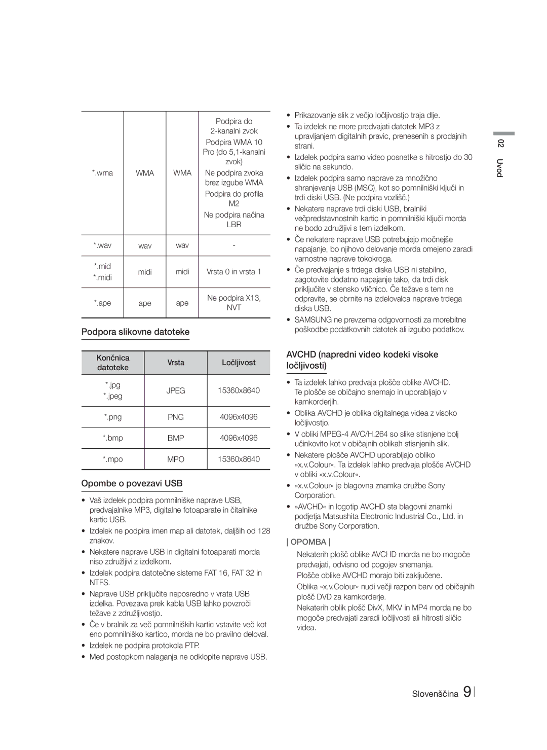 Samsung HT-FS9200/EN manual Opombe o povezavi USB, Avchd napredni video kodeki visoke ločljivosti, Podpira do, Ne podpira 