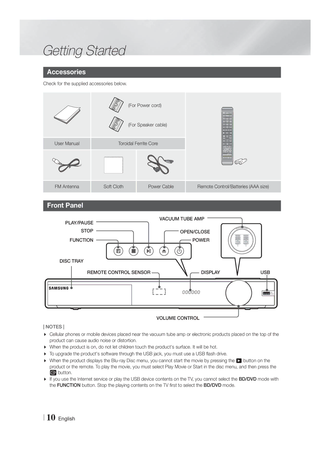 Samsung HT-FS9200/EN, HT-FS9200/XN, HT-FS9200/ZF, HT-FS9200/XE manual Accessories, Front Panel 