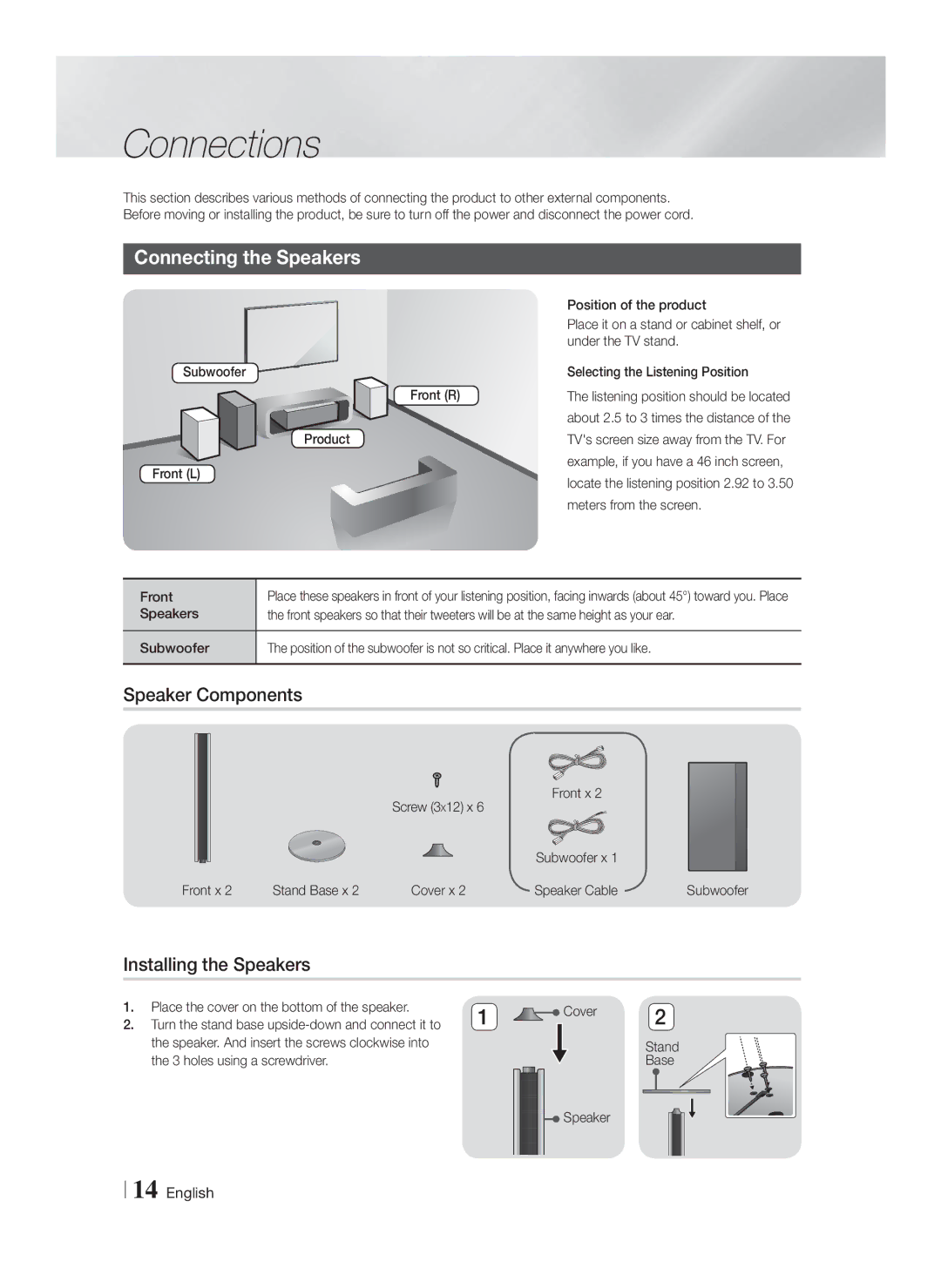 Samsung HT-FS9200/EN, HT-FS9200/XN manual Connections, Connecting the Speakers, Speaker Components, Installing the Speakers 