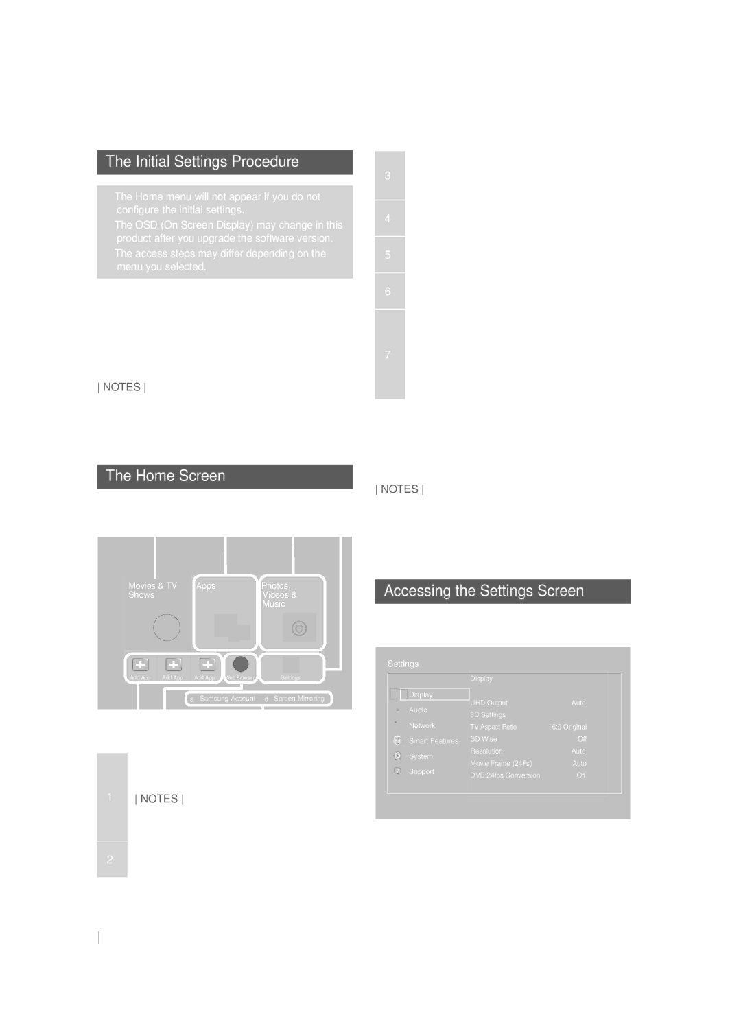 Samsung HT-FS9200/EN, HT-FS9200/XN, HT-FS9200/ZF Initial Settings Procedure, Home Screen, Accessing the Settings Screen 