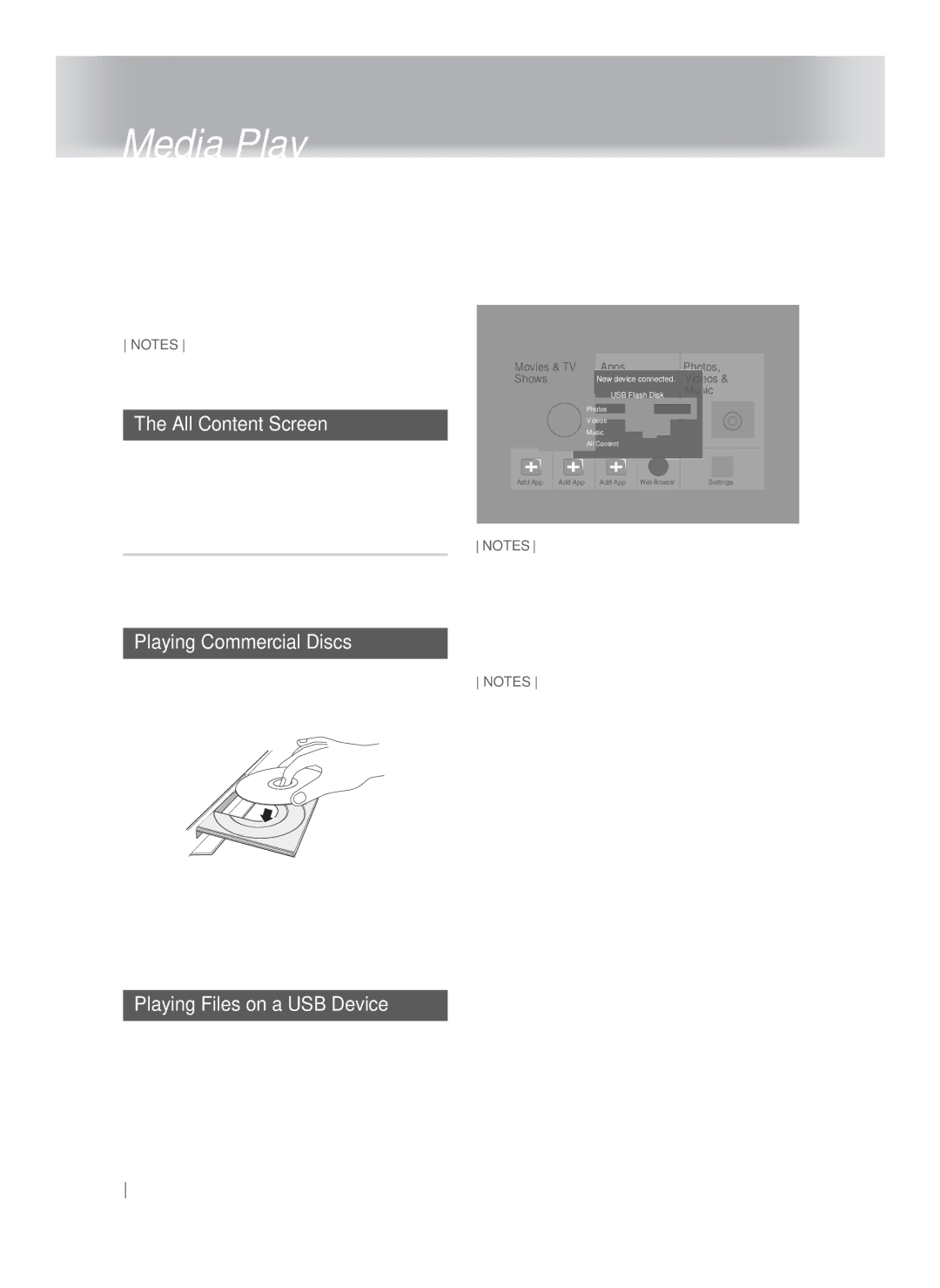 Samsung HT-FS9200/XN Media Play, Using the All Content Screen, Playing Commercial Discs, Playing Files on a USB Device 