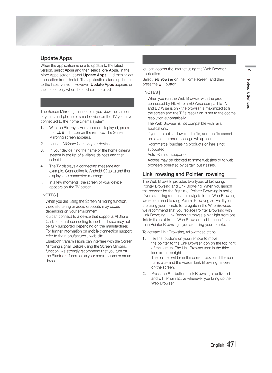 Samsung HT-FS9200/XE manual Update Apps, Screen Mirroring, Using the Web Browser, Link Browsing and Pointer Browsing 