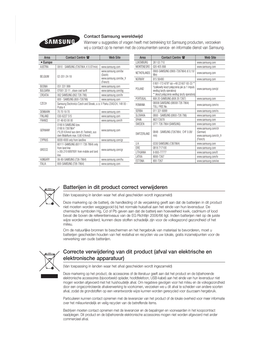 Samsung HT-FS9200/XN, HT-FS9200/ZF manual Batterijen in dit product correct verwijderen, Contact Samsung wereldwijd 