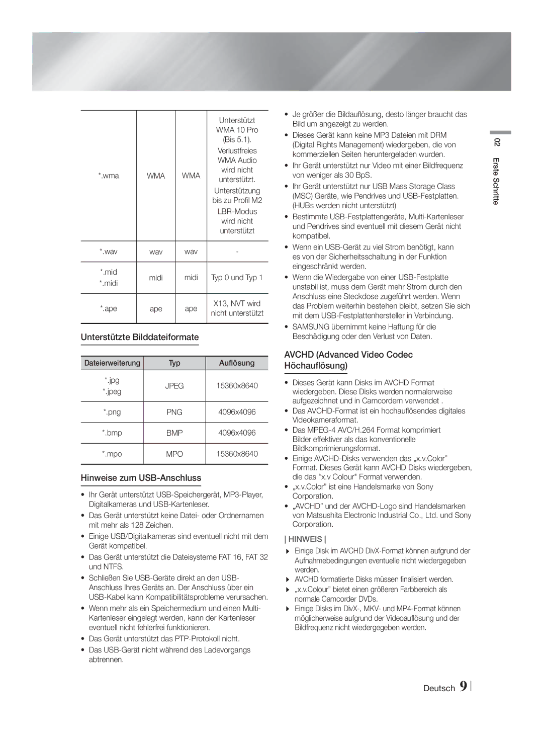 Samsung HT-FS9200/ZF, HT-FS9200/XN manual Hinweise zum USB-Anschluss, Avchd Advanced Video Codec Höchauflösung, Unterstützt 