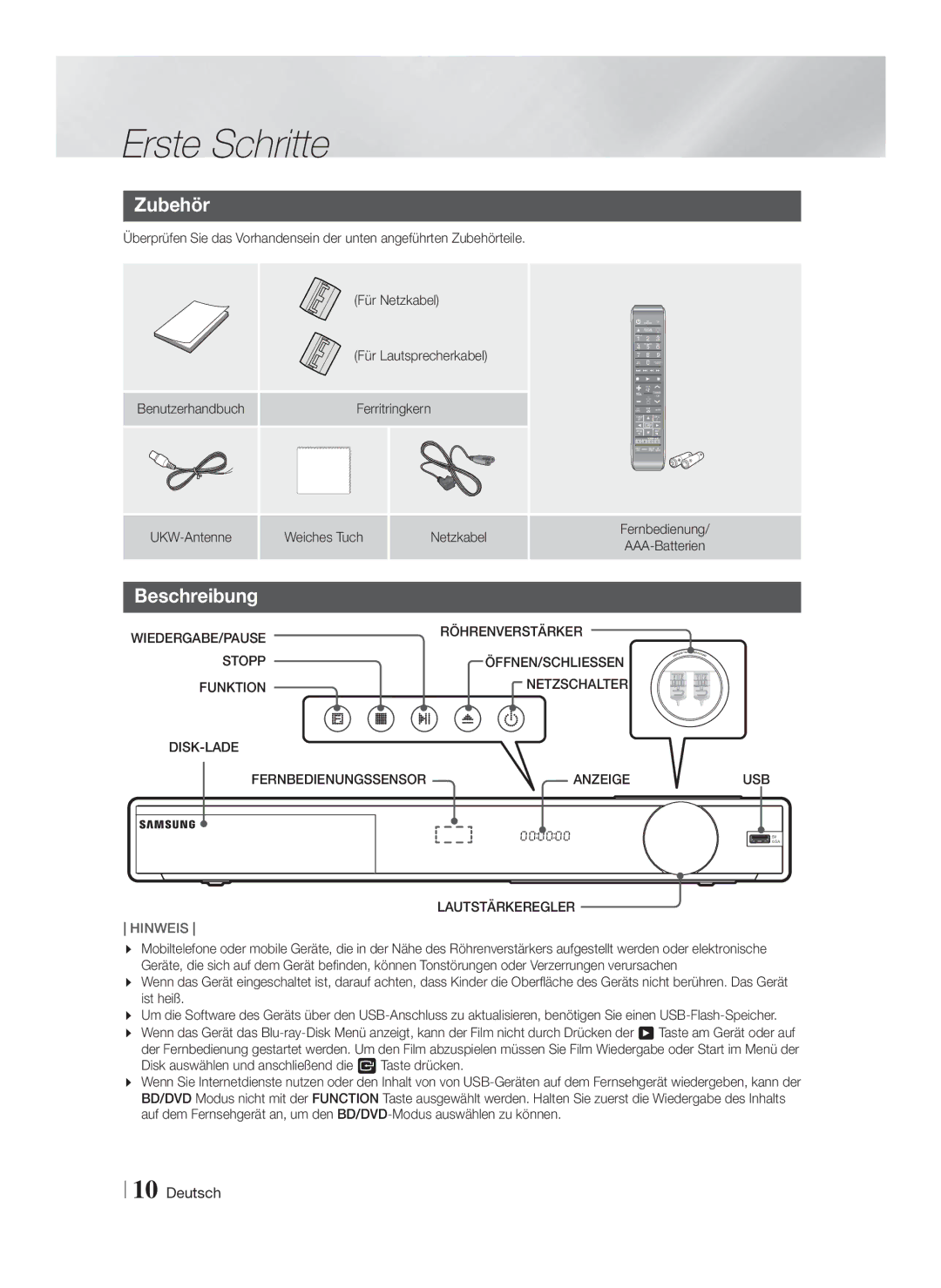 Samsung HT-FS9200/XN, HT-FS9200/ZF manual Zubehör, Beschreibung, Benutzerhandbuch Ferritringkern, Röhrenverstärker, Stopp 