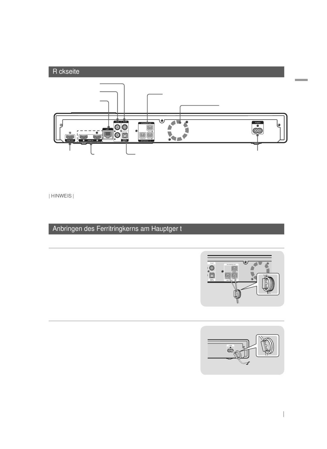 Samsung HT-FS9200/ZF Rückseite, Anbringen des Ferritringkerns am Hauptgerät, Für das Lautsprecherkabel, Für das Netzkabel 