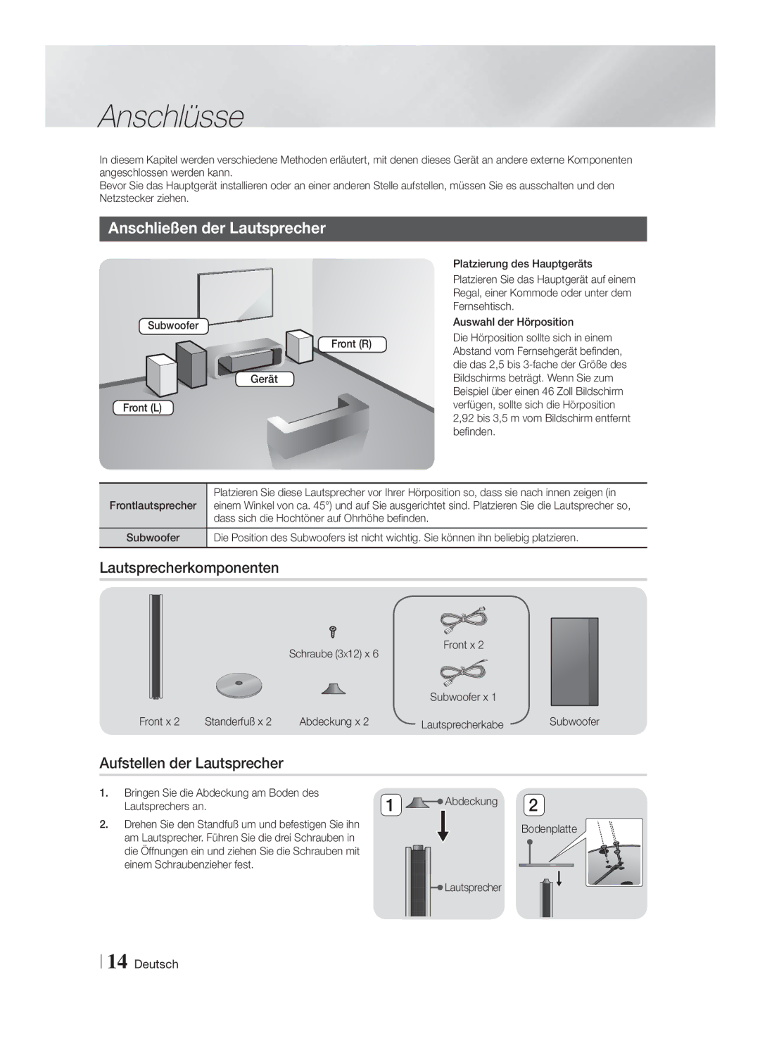 Samsung HT-FS9200/XN manual Anschlüsse, Anschließen der Lautsprecher, Lautsprecherkomponenten, Aufstellen der Lautsprecher 