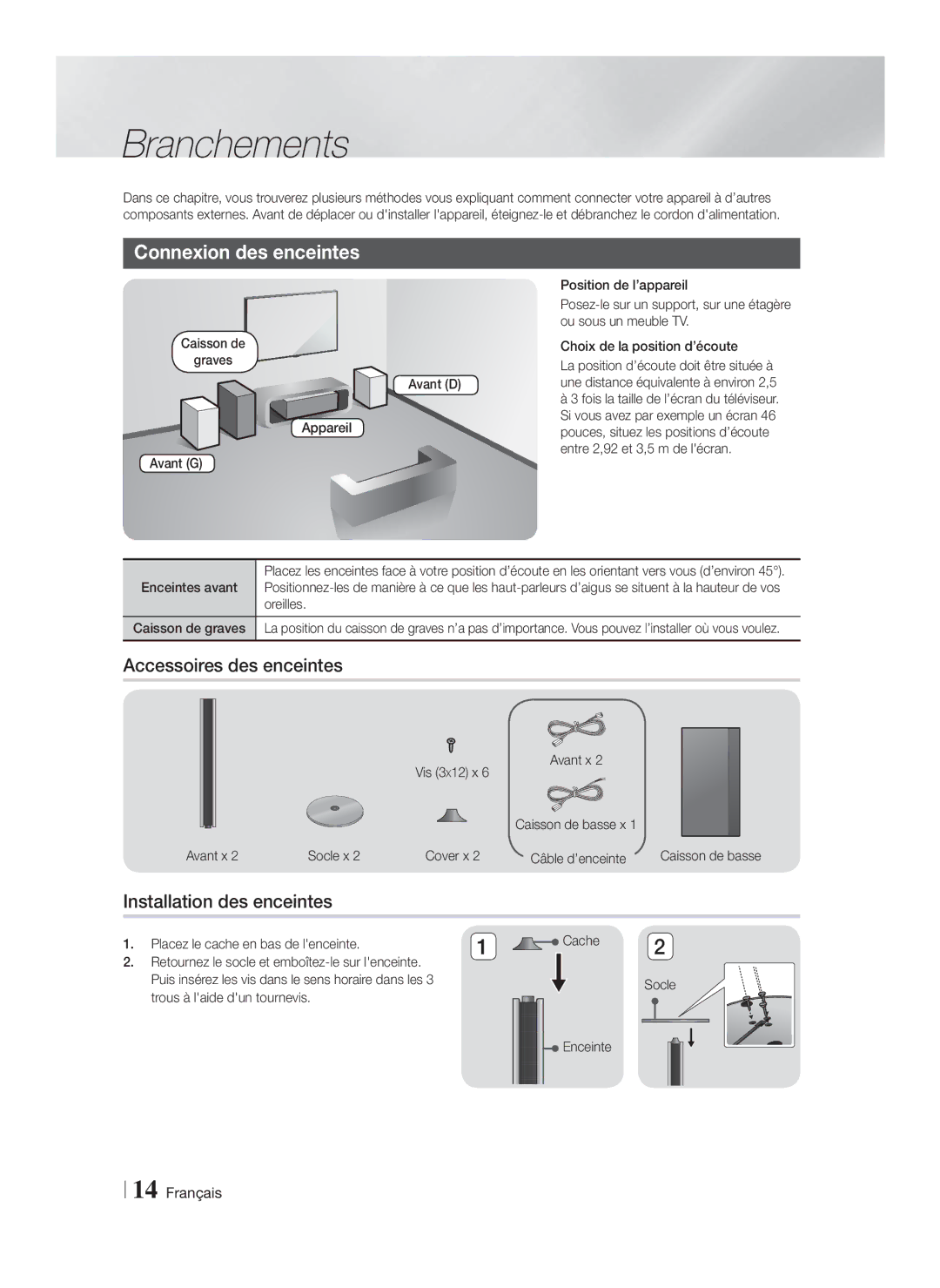 Samsung HT-FS9200/XN, HT-FS9200/ZF manual Branchements, Connexion des enceintes, Accessoires des enceintes 