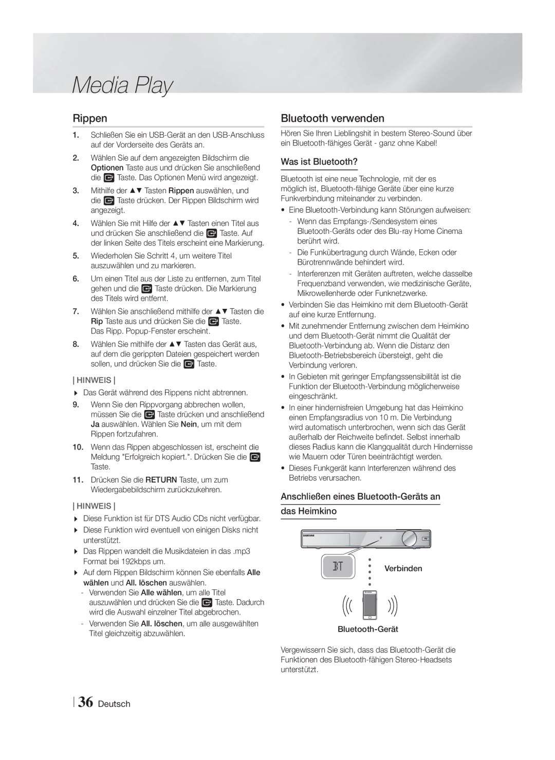 Samsung HT-FS9200/XN manual Bluetooth verwenden, Was ist Bluetooth?, Anschließen eines Bluetooth-Geräts an Das Heimkino 