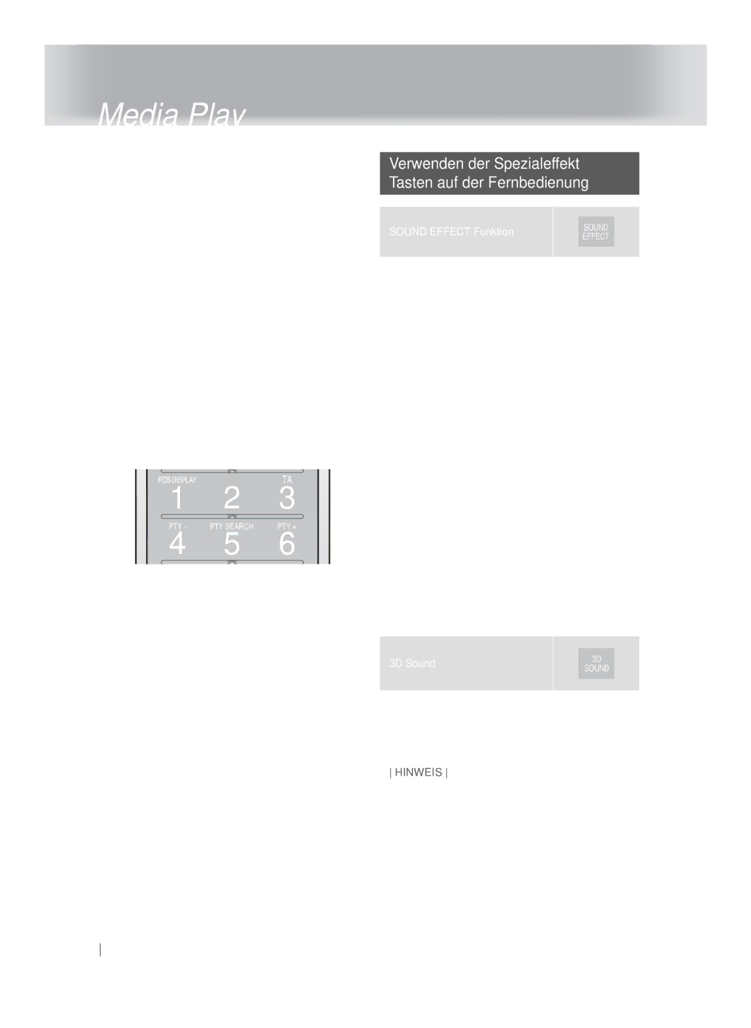 Samsung HT-FS9200/XN manual Verwenden der Spezialeffekt Tasten auf der Fernbedienung, Programmsuche mithilfe der PTY-Codes 