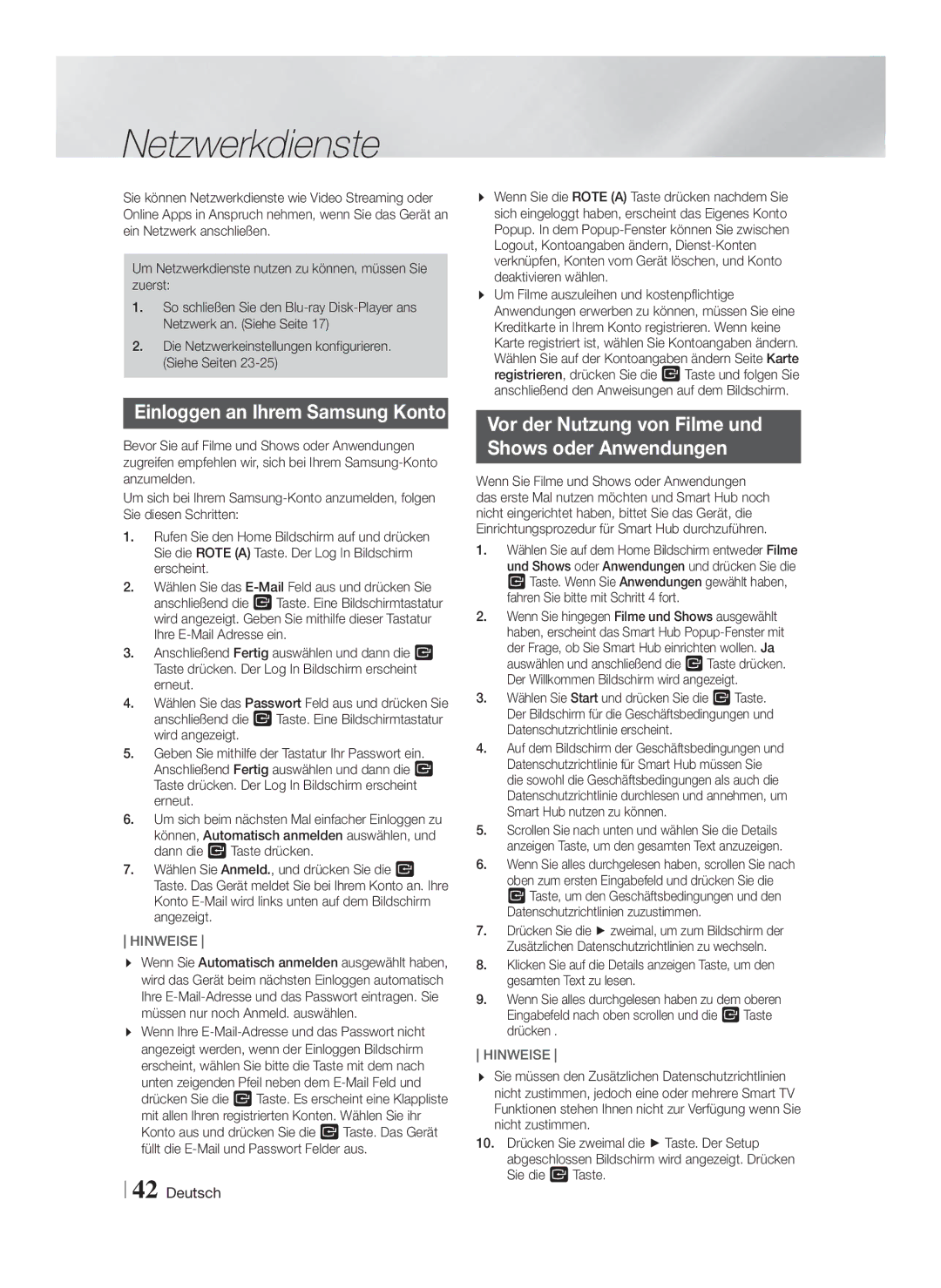 Samsung HT-FS9200/XN, HT-FS9200/ZF manual Netzwerkdienste, Einloggen an Ihrem Samsung Konto 