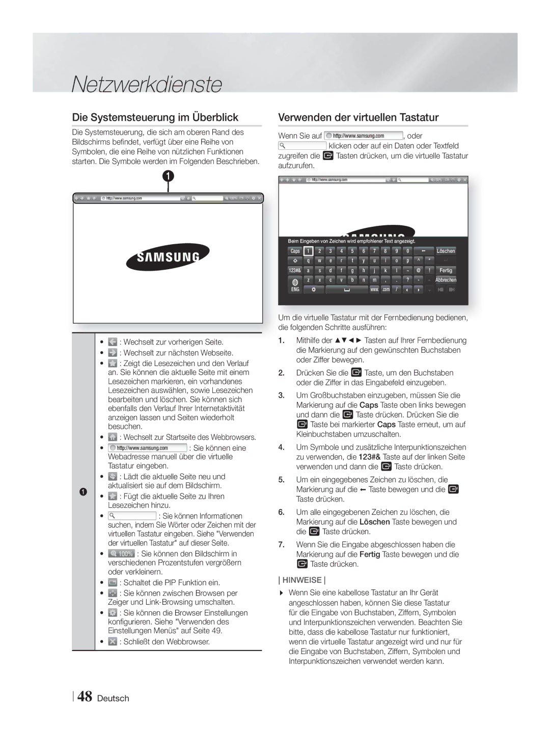 Samsung HT-FS9200/XN manual Die Systemsteuerung im Überblick, Verwenden der virtuellen Tastatur, Schließt den Webbrowser 