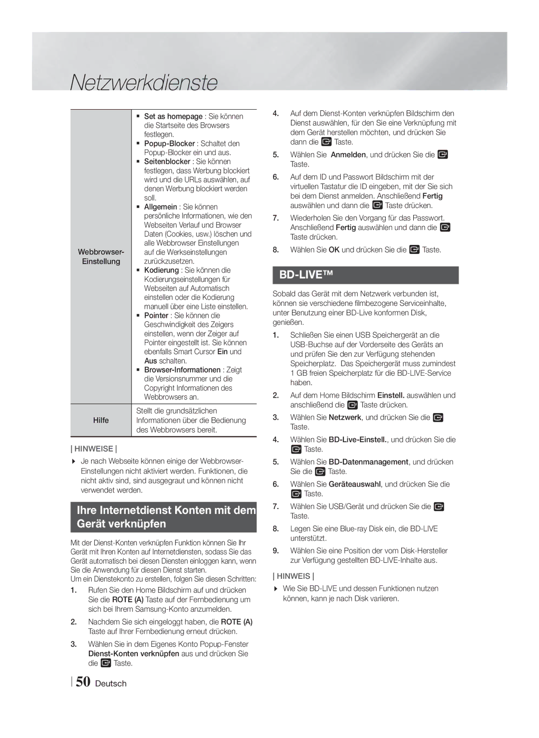 Samsung HT-FS9200/XN, HT-FS9200/ZF manual Ihre Internetdienst Konten mit dem Gerät verknüpfen 