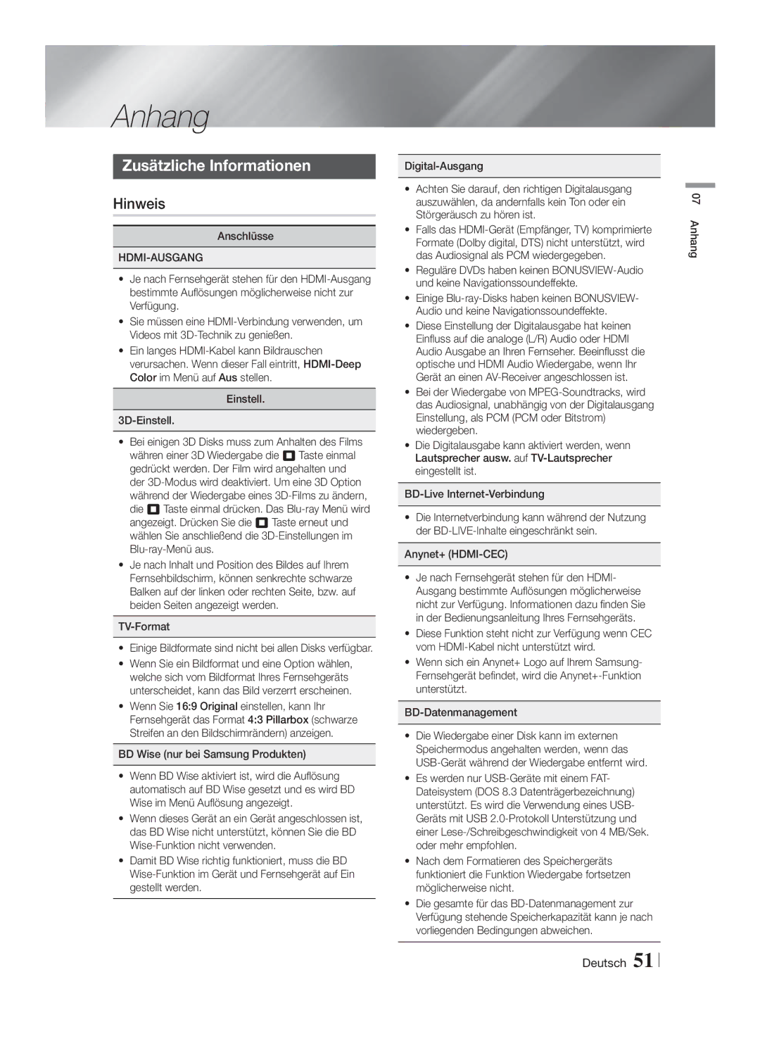 Samsung HT-FS9200/ZF, HT-FS9200/XN manual Anhang, Zusätzliche Informationen, Hinweis, Hdmi-Ausgang 