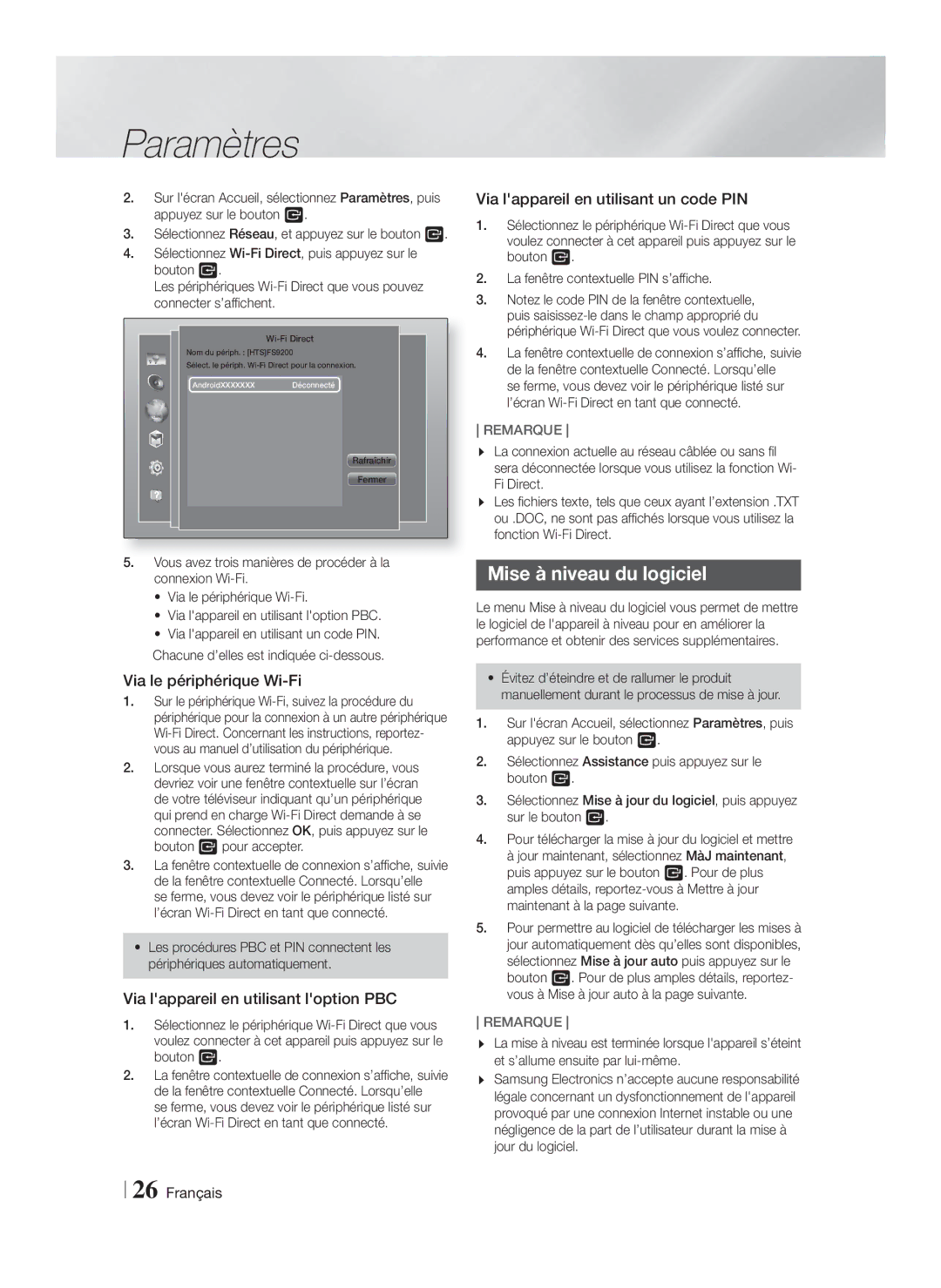 Samsung HT-FS9200/XN manual Mise à niveau du logiciel, Via le périphérique Wi-Fi, Via lappareil en utilisant loption PBC 