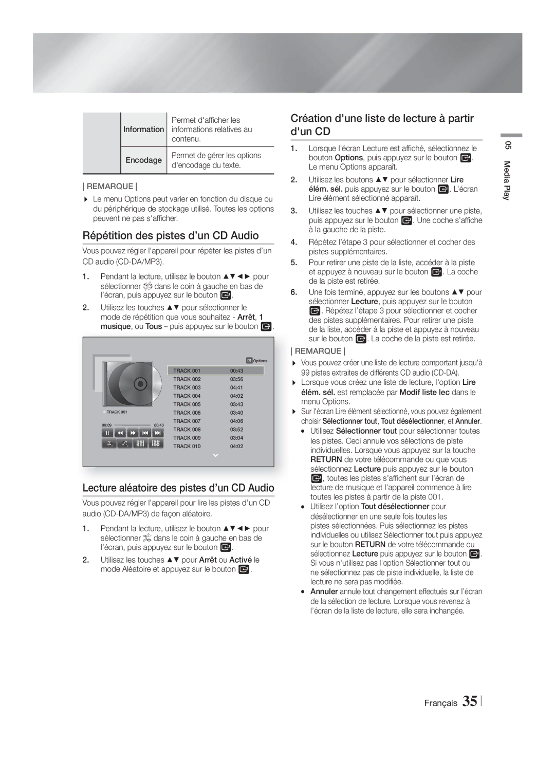 Samsung HT-FS9200/ZF, HT-FS9200/XN Répétition des pistes d’un CD Audio, Création dune liste de lecture à partir dun CD 