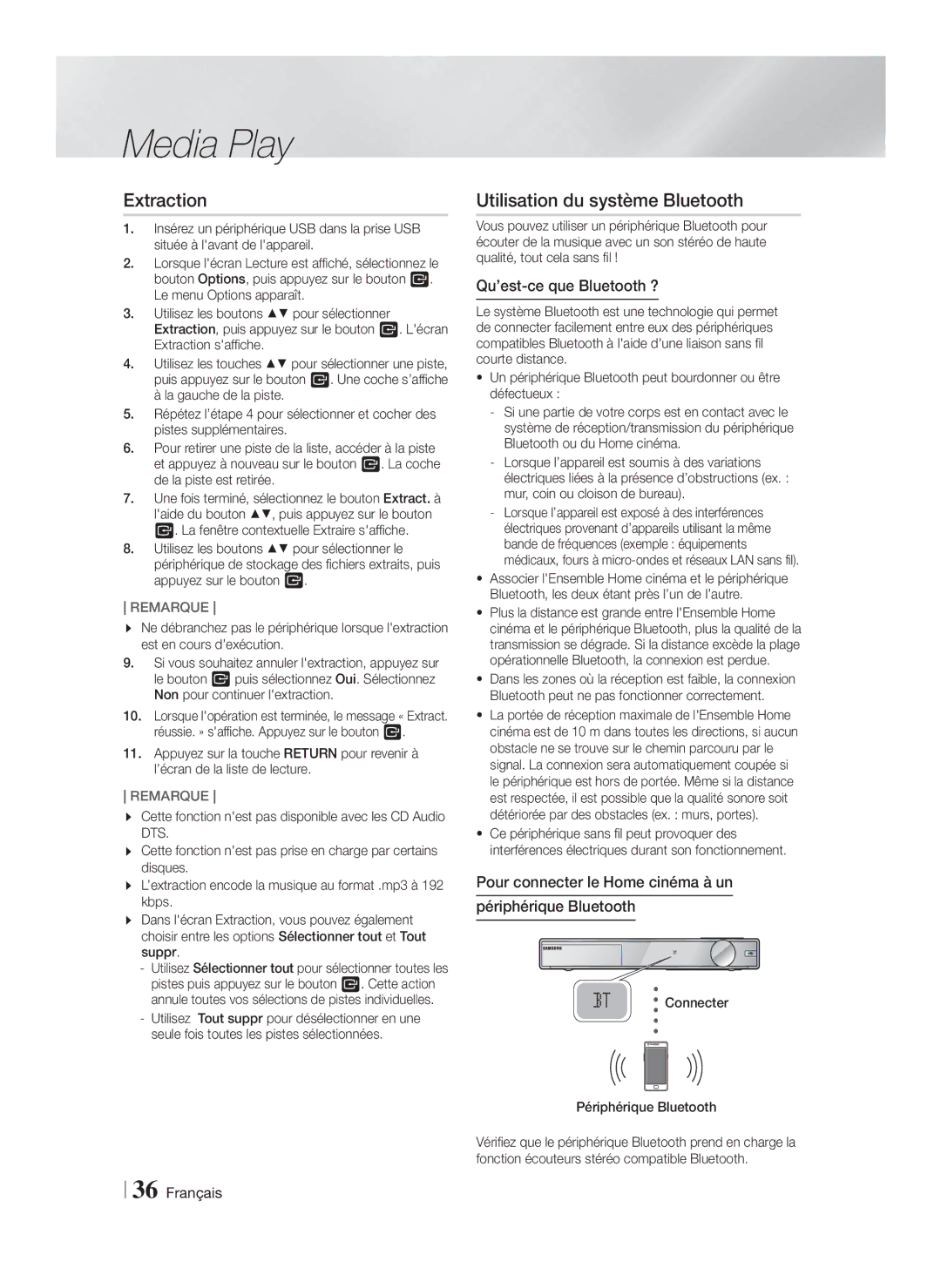 Samsung HT-FS9200/XN, HT-FS9200/ZF manual Extraction, Utilisation du système Bluetooth, Qu’est-ce que Bluetooth ? 