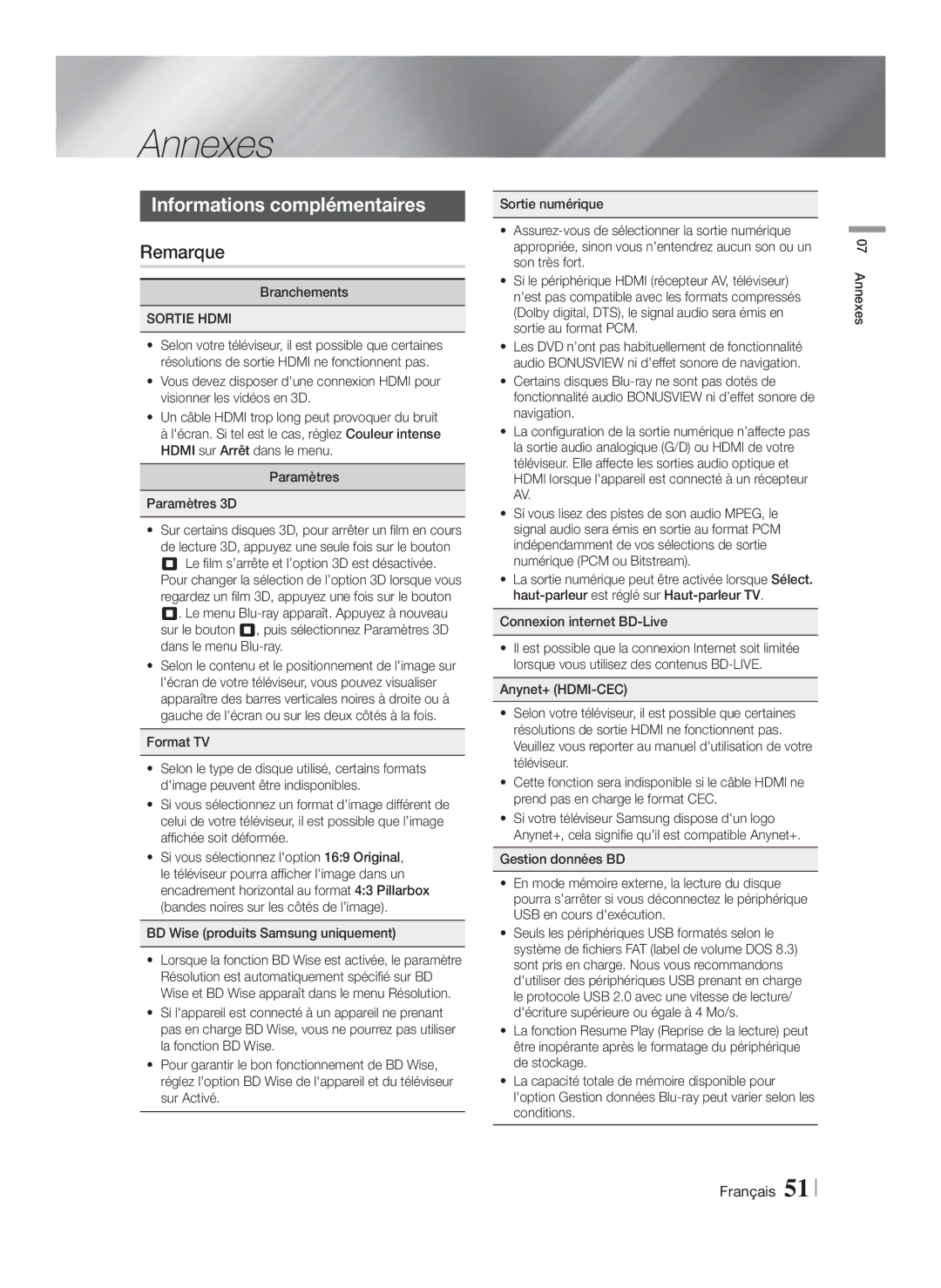 Samsung HT-FS9200/ZF, HT-FS9200/XN manual Annexes, Informations complémentaires, Remarque, Sortie Hdmi 