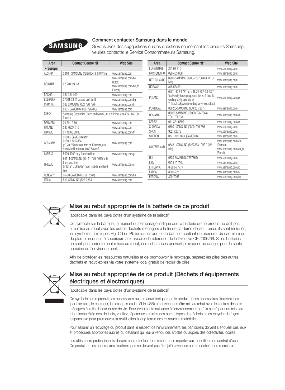 Samsung HT-FS9200/ZF manual Mise au rebut appropriée de la batterie de ce produit, Comment contacter Samsung dans le monde 