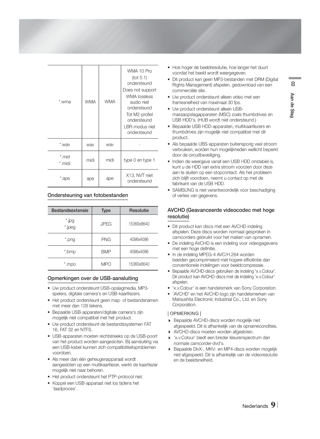 Samsung HT-FS9200/XN, HT-FS9200/ZF manual Ondersteuning van fotobestanden, Opmerkingen over de USB-aansluiting, WMA 10 Pro 